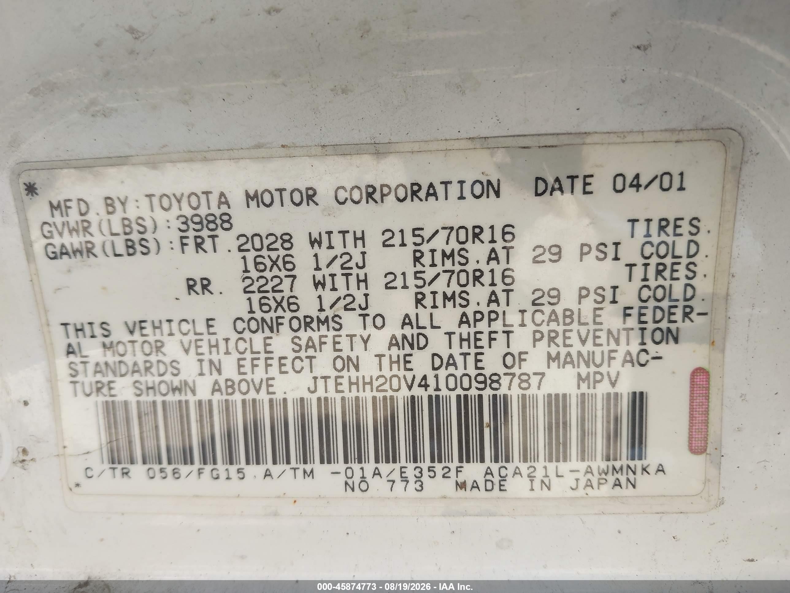 2001 Toyota Rav4   White vin: JTEHH20V410098787