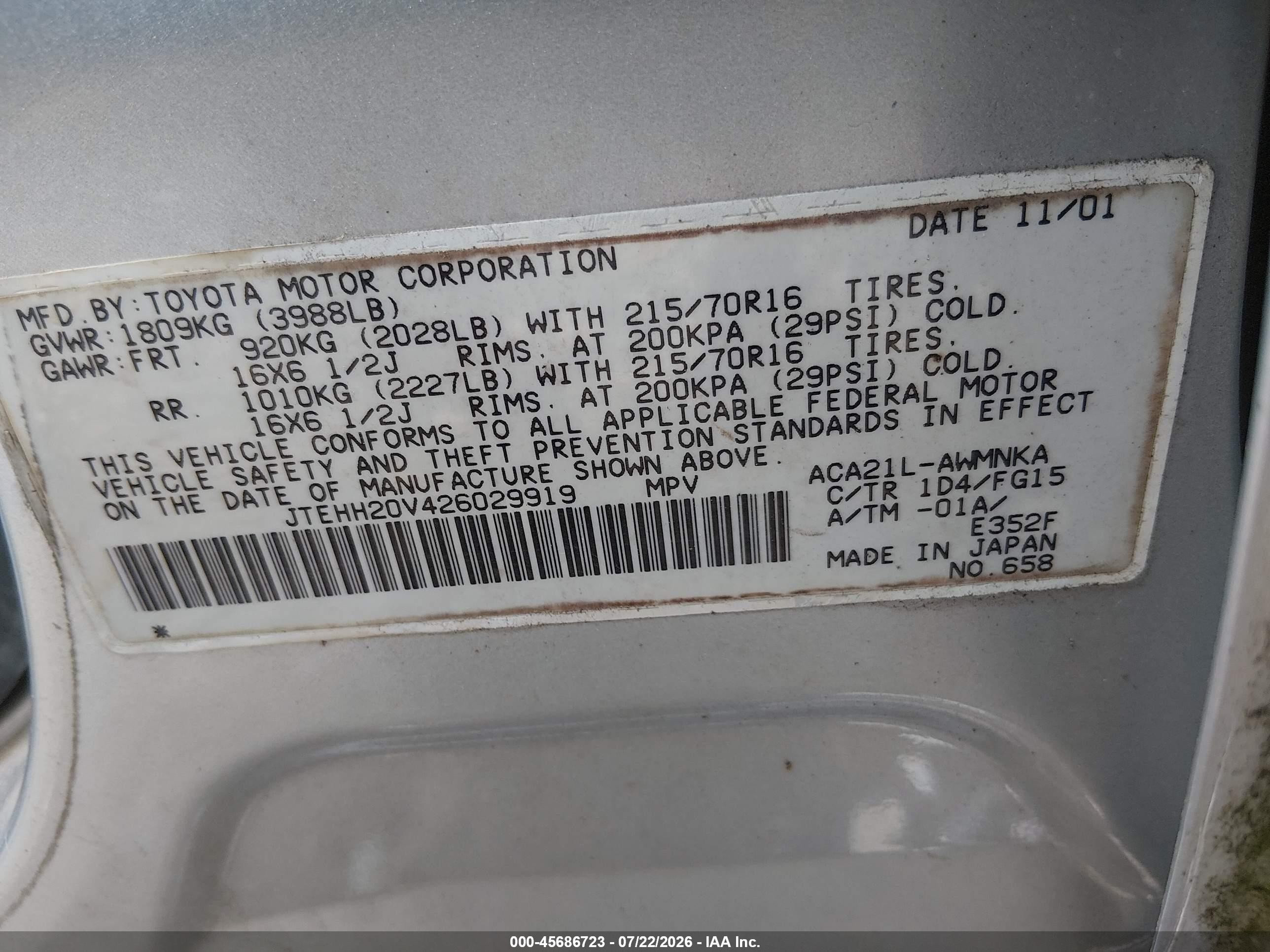 2002 Toyota Rav4   Silver vin: JTEHH20V426029919