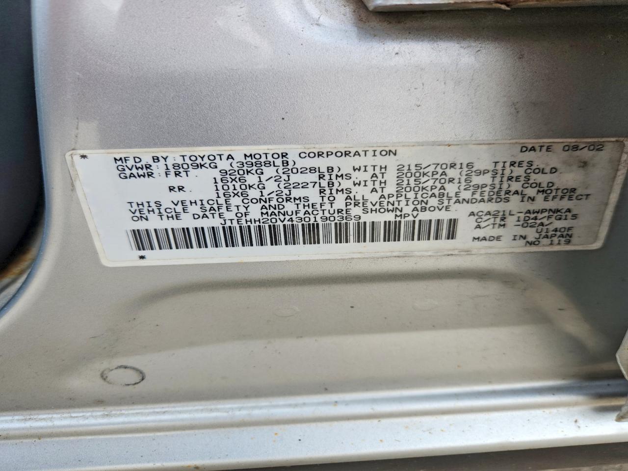 2003 Toyota Rav4 Base Silver vin: JTEHH20V430190369