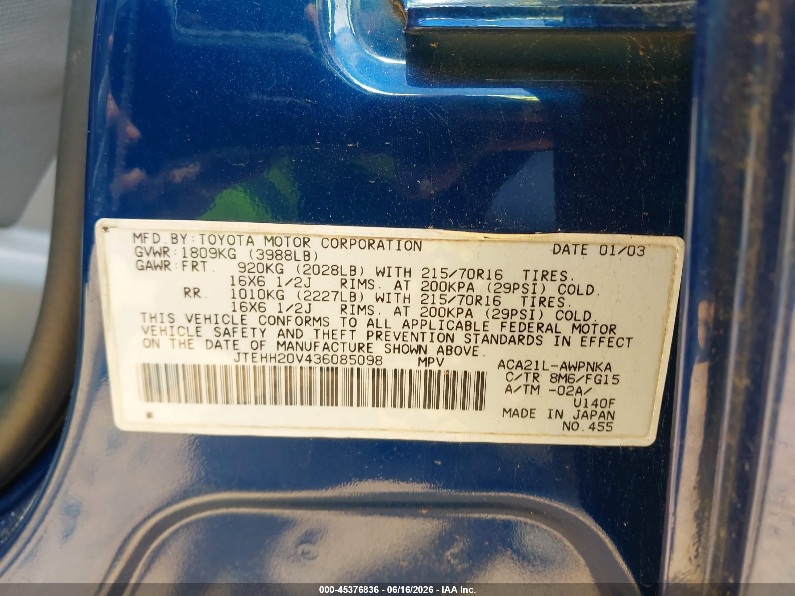 2003 Toyota Rav4   Dark Blue vin: JTEHH20V436085098
