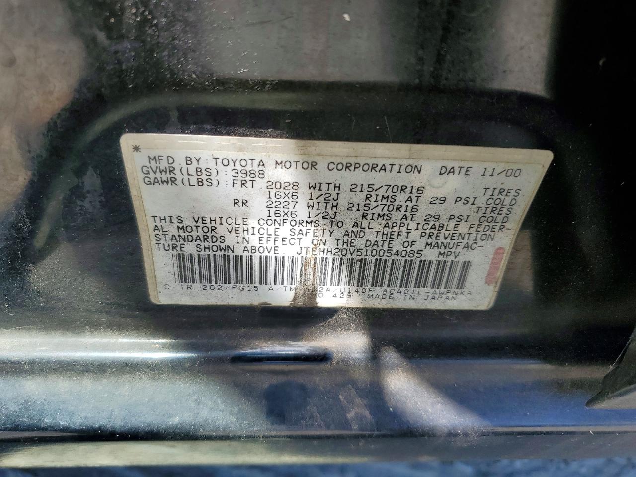 2001 Toyota Rav4 Base Black vin: JTEHH20V510054085