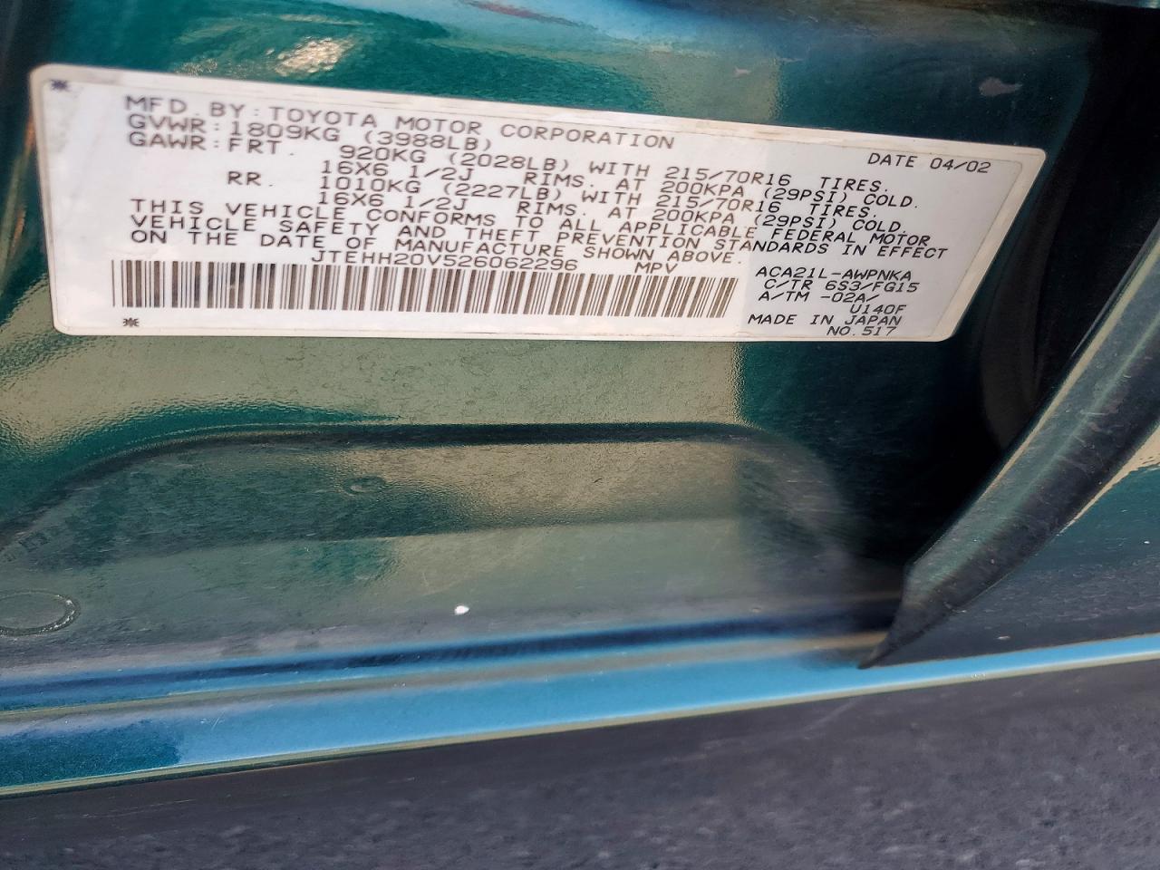 2002 Toyota Rav4 Base Green vin: JTEHH20V526062296