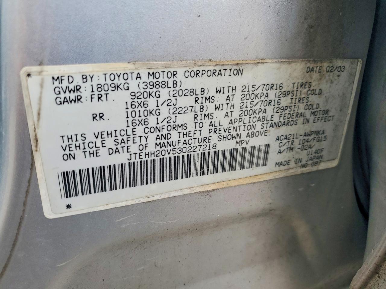 2003 Toyota Rav4 Base Silver vin: JTEHH20V530227218
