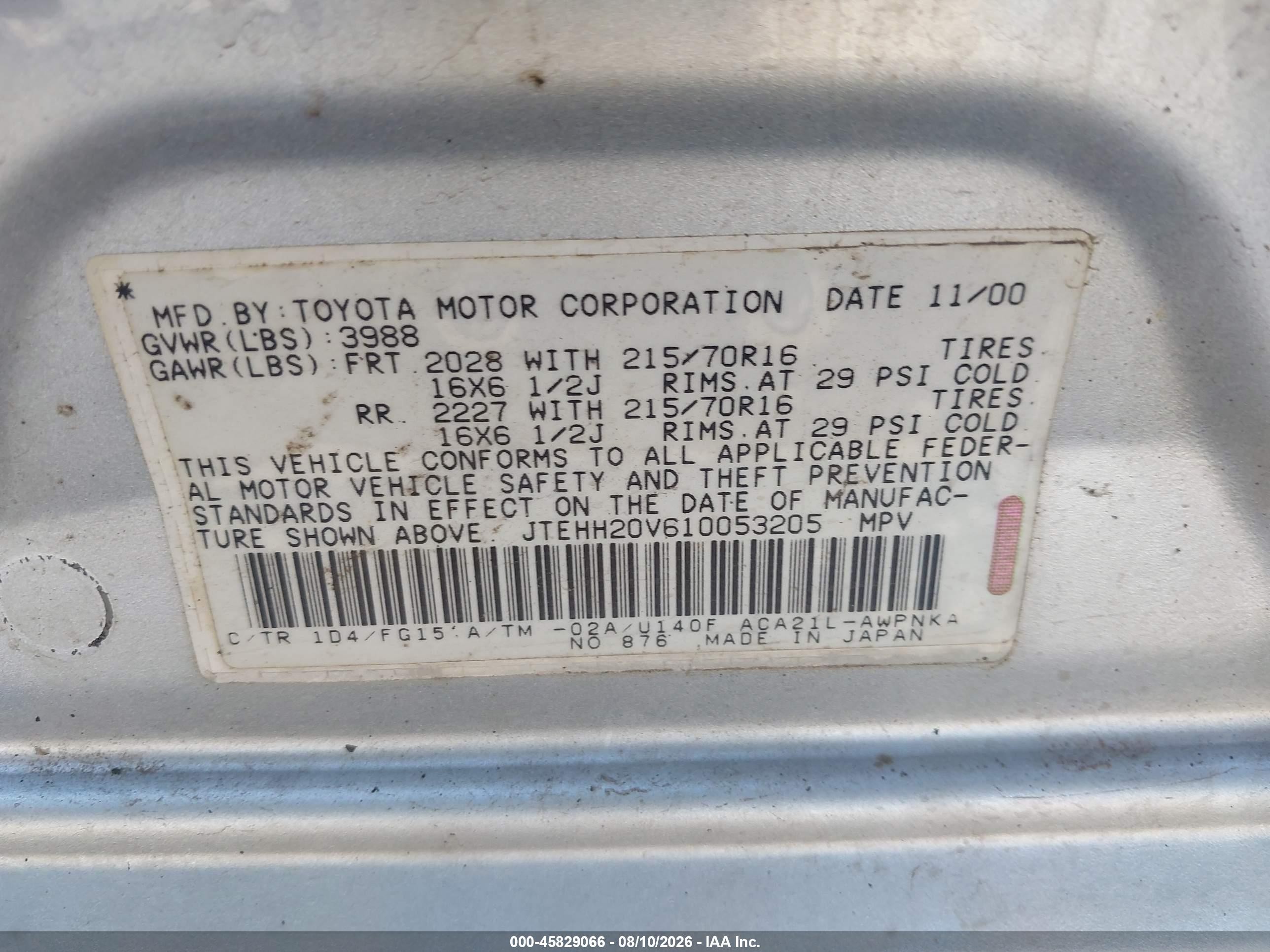 2001 Toyota Rav4   Silver vin: JTEHH20V610053205