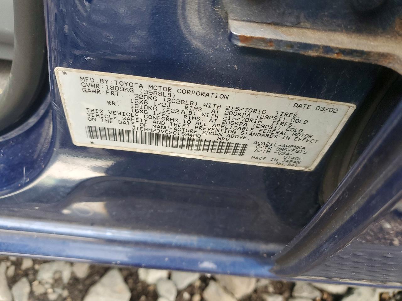 2002 Toyota Rav4 Base Blue vin: JTEHH20V620159400