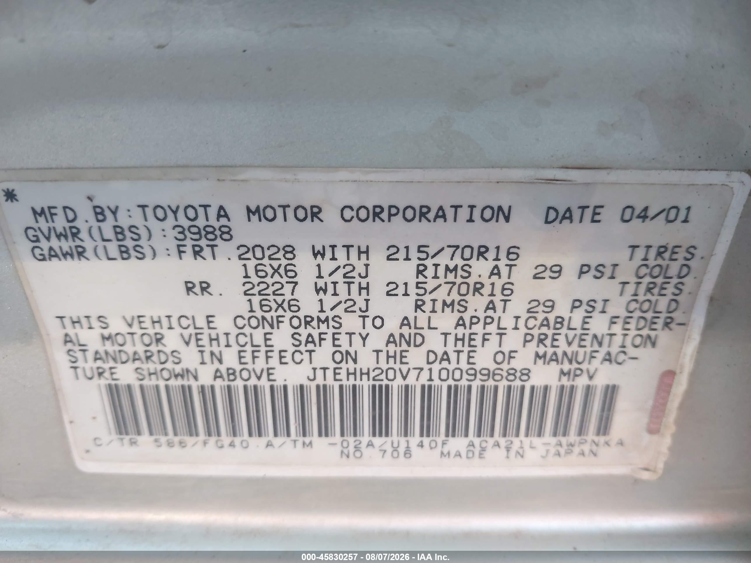 2001 Toyota Rav4   Beige vin: JTEHH20V710099688