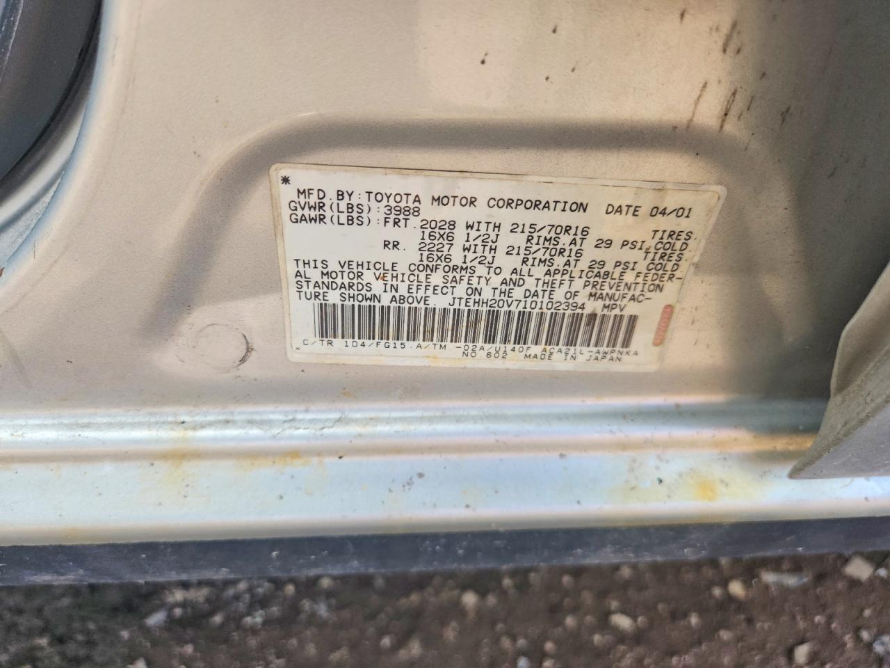 2001 Toyota Rav4 Base Серебряный vin: JTEHH20V710102394