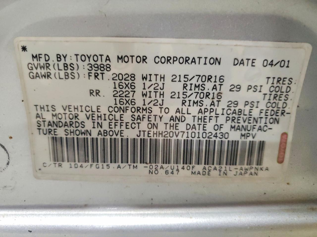 2001 Toyota Rav4 Base Silver vin: JTEHH20V710102430