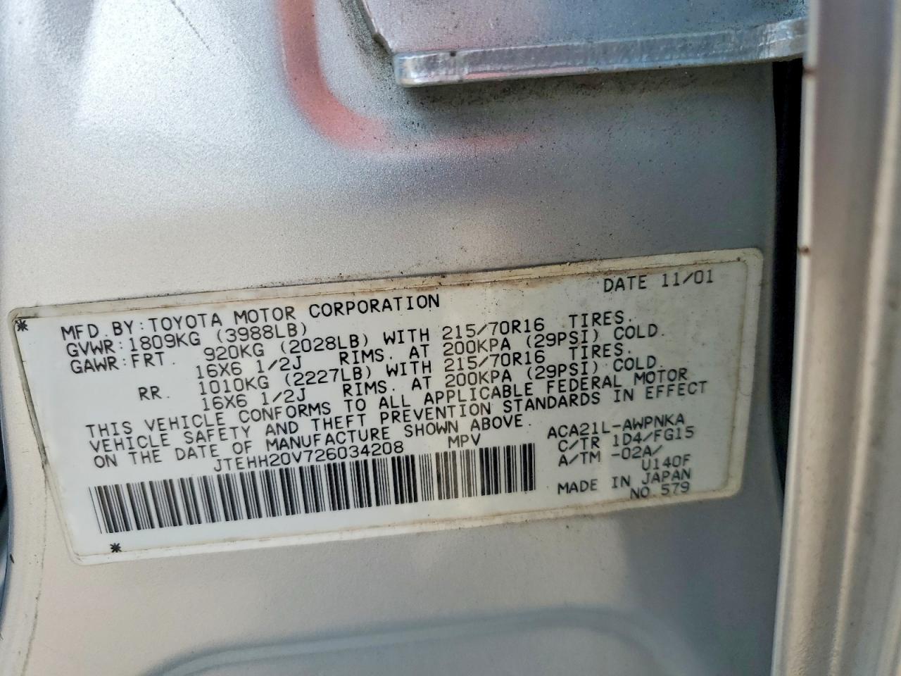 2002 Toyota Rav4 Base Silver vin: JTEHH20V726034208