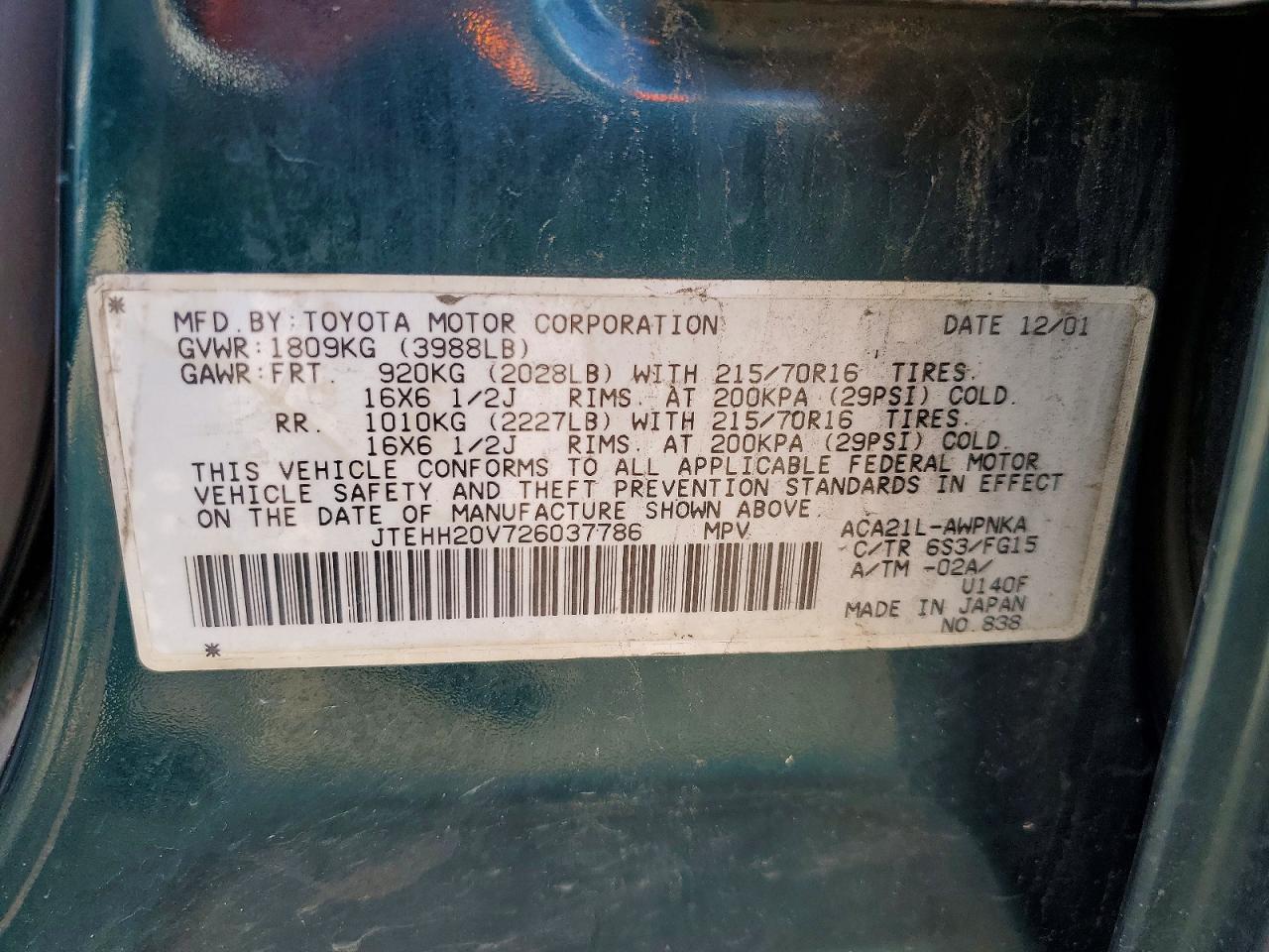 2002 Toyota Rav4 Base Green vin: JTEHH20V726037786