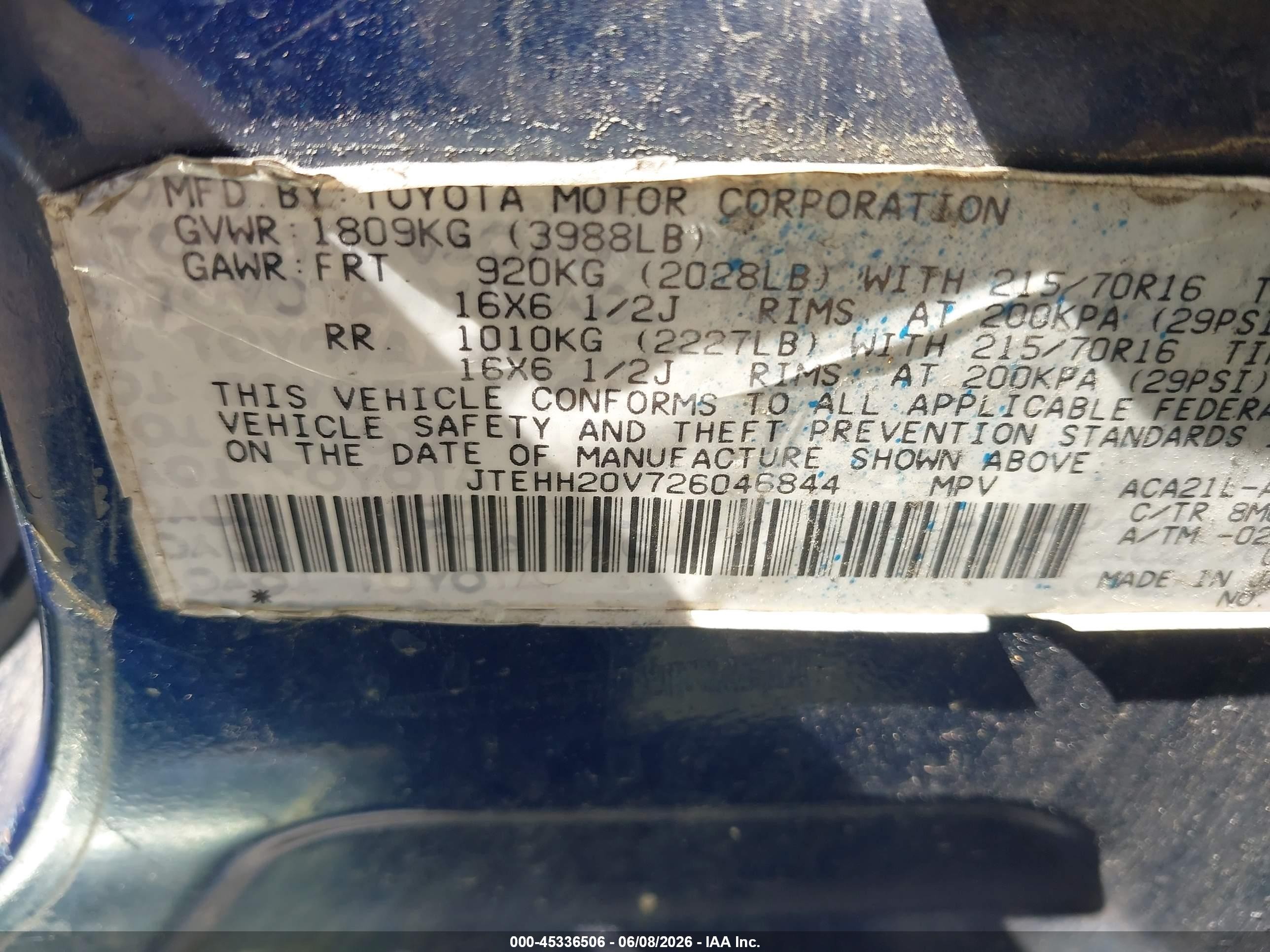 2002 Toyota Rav4   Blue vin: JTEHH20V726046844