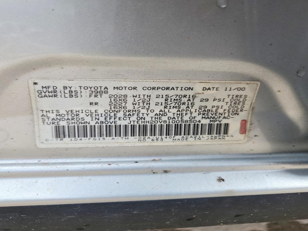 2001 Toyota Rav4 Base Серебряный vin: JTEHH20V810058504