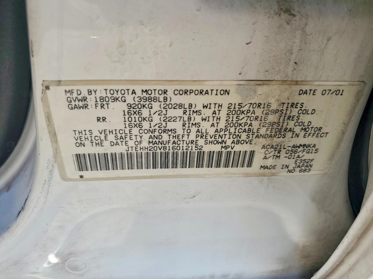 2001 Toyota Rav4 Base Белый vin: JTEHH20V816012152