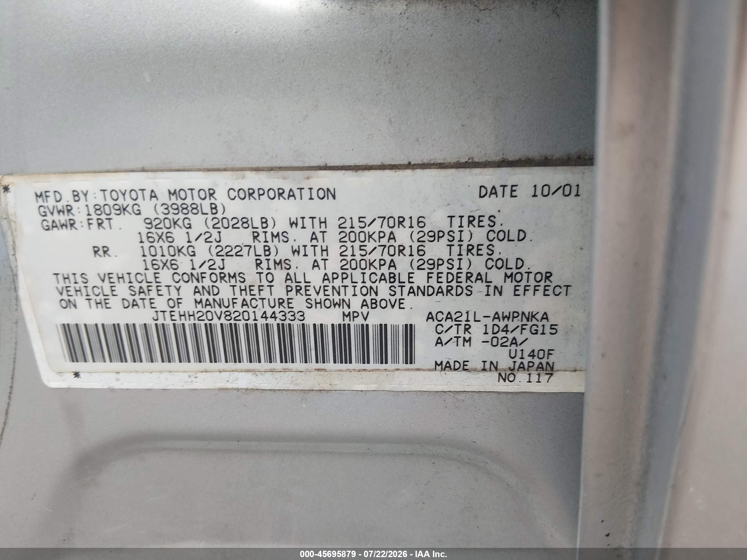2002 Toyota Rav4   Silver vin: JTEHH20V820144333