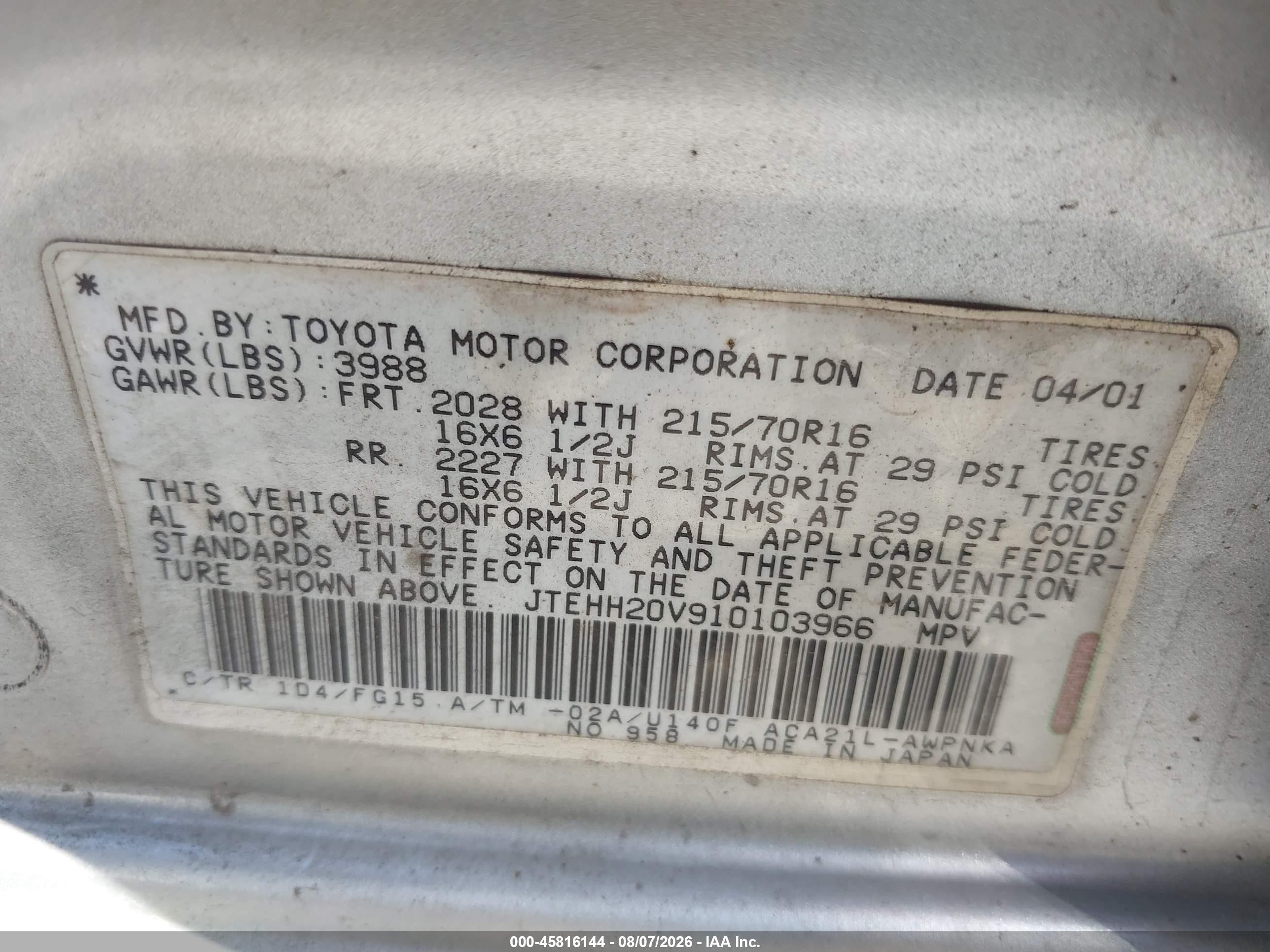 2001 Toyota Rav4   Silver vin: JTEHH20V910103966