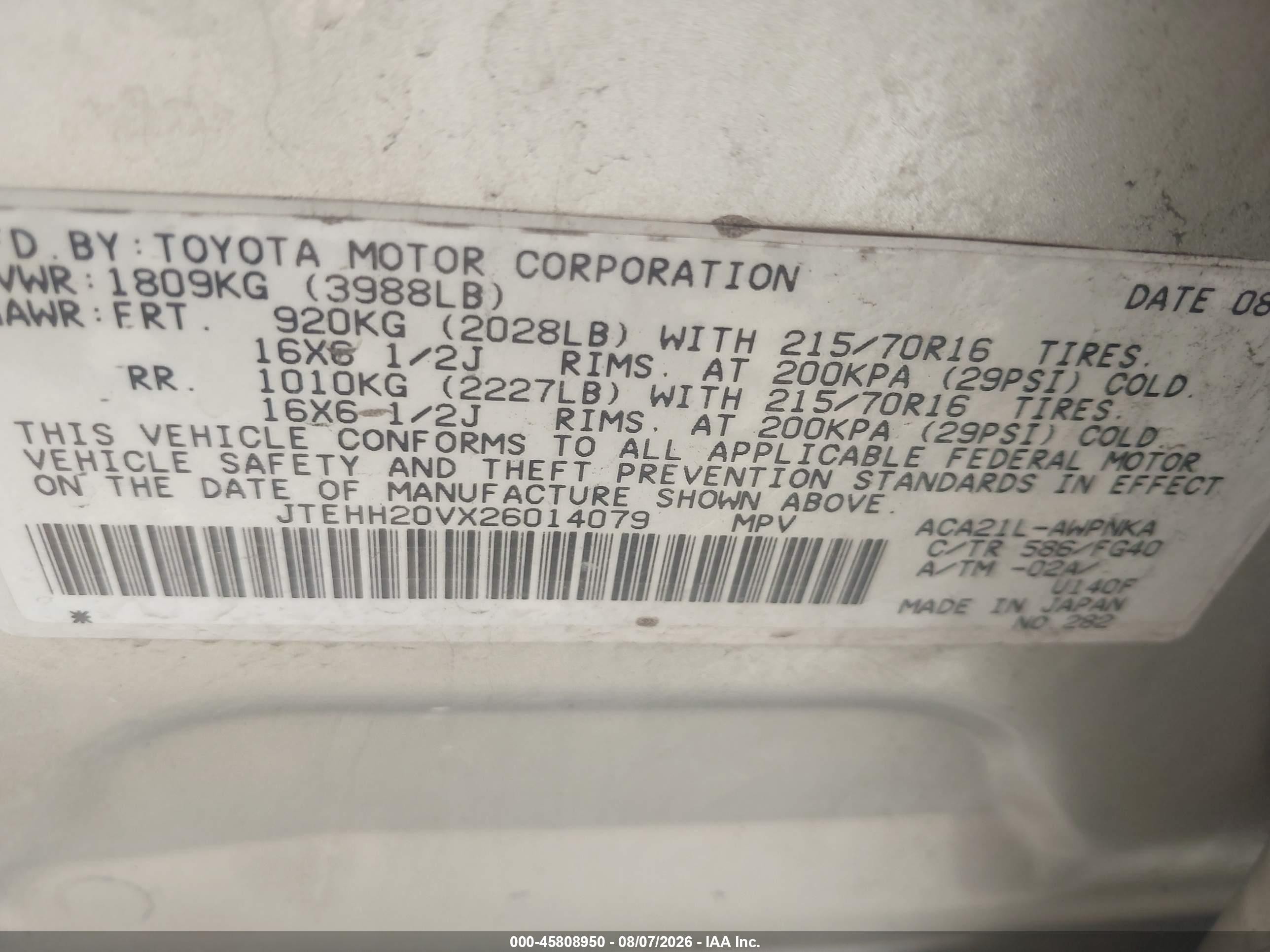 2002 Toyota Rav4   White vin: JTEHH20VX26014079