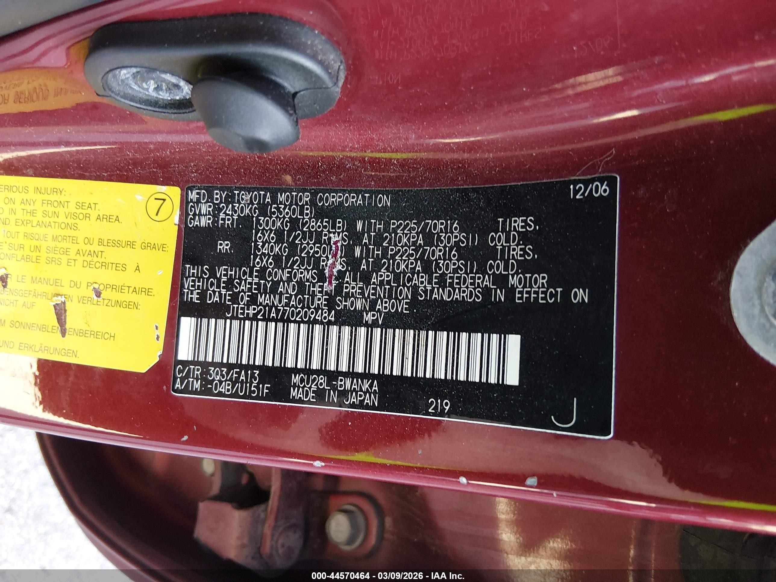 2007 Toyota Highlander V6 Red vin: JTEHP21A770209484