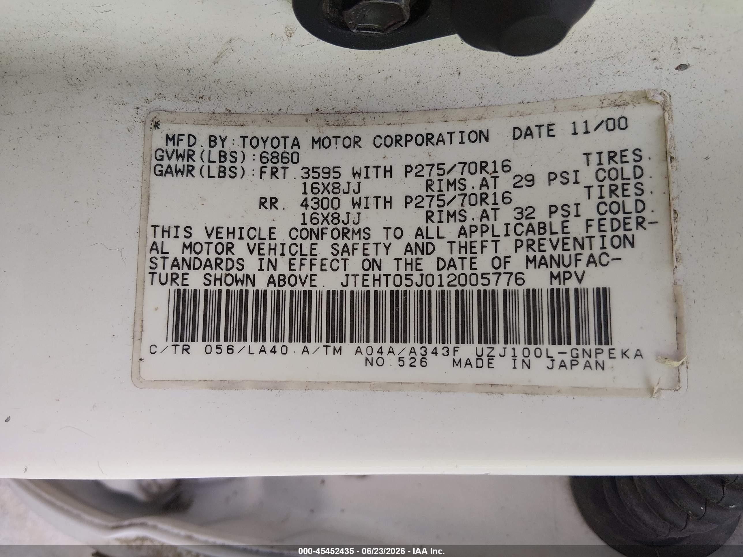 2001 Toyota Land Cruiser   White vin: JTEHT05J012005776