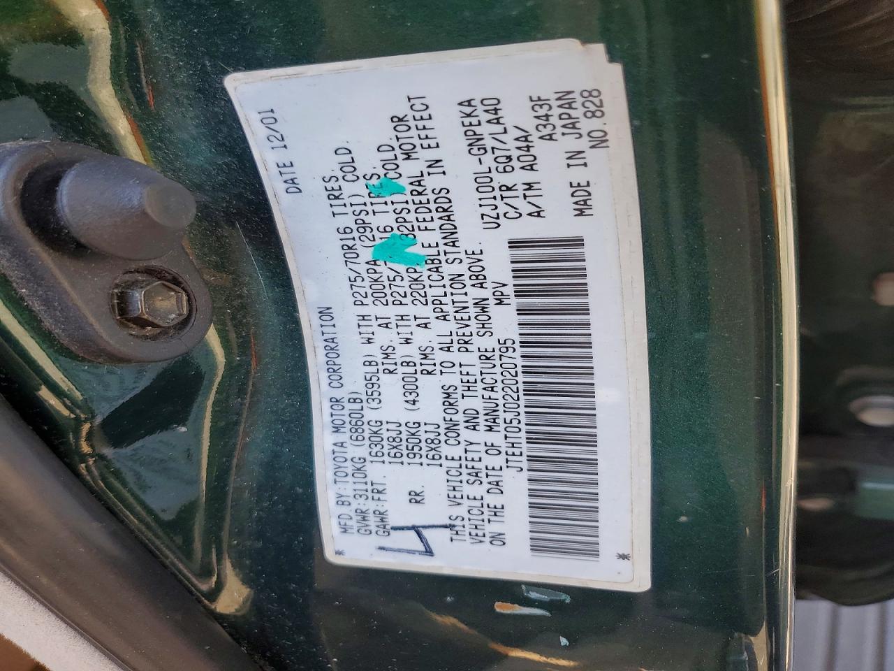 2002 Toyota Land Cruiser Base Green vin: JTEHT05J022020795