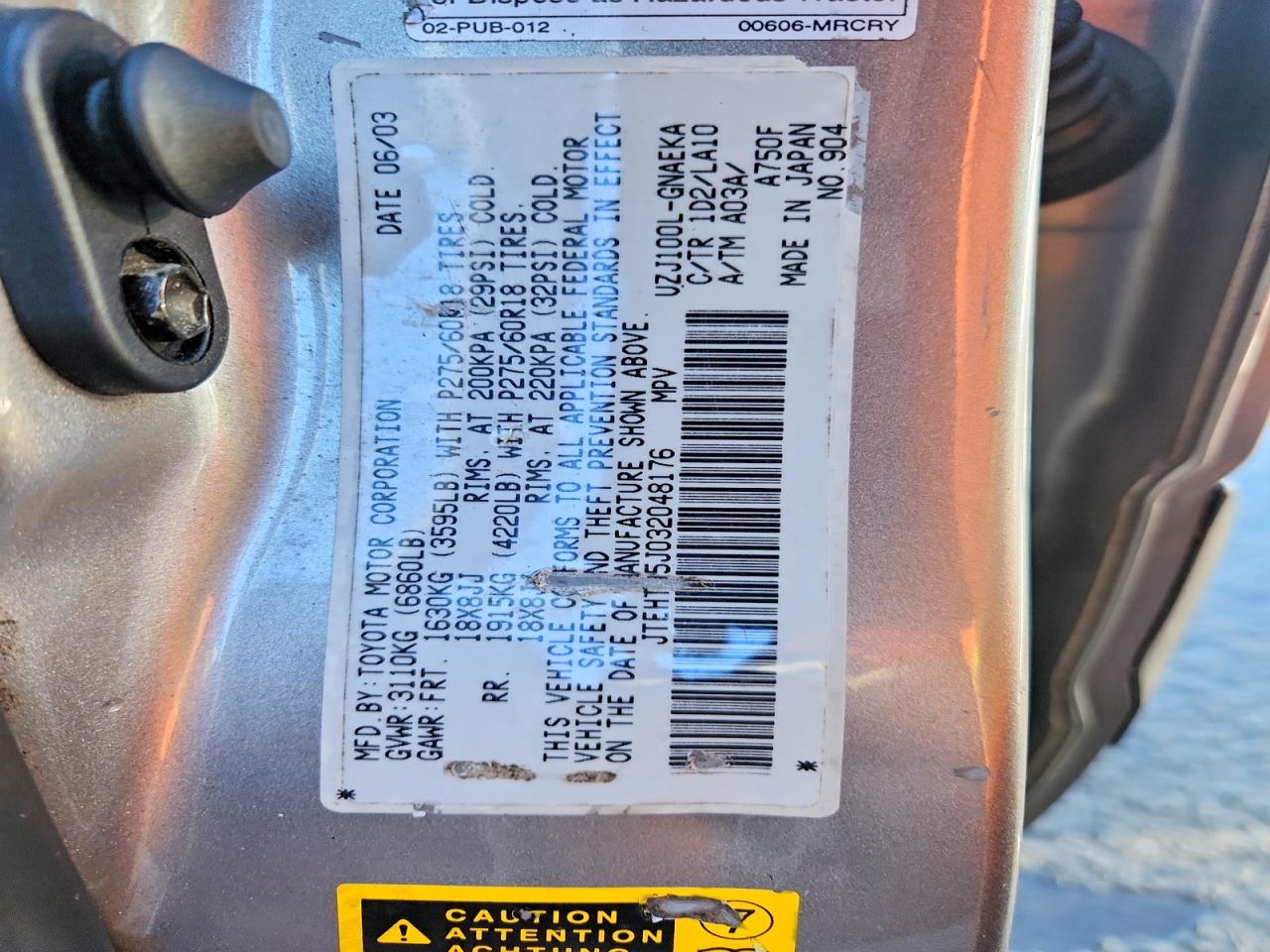 2003 Toyota Land Cruiser Base Gray vin: JTEHT05J032048176