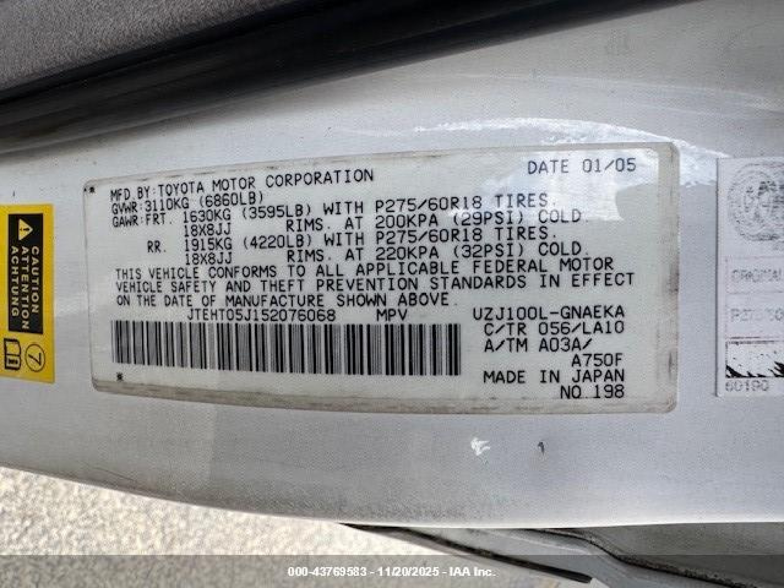 2005 Toyota Land Cruiser V8 White vin: JTEHT05J152076068