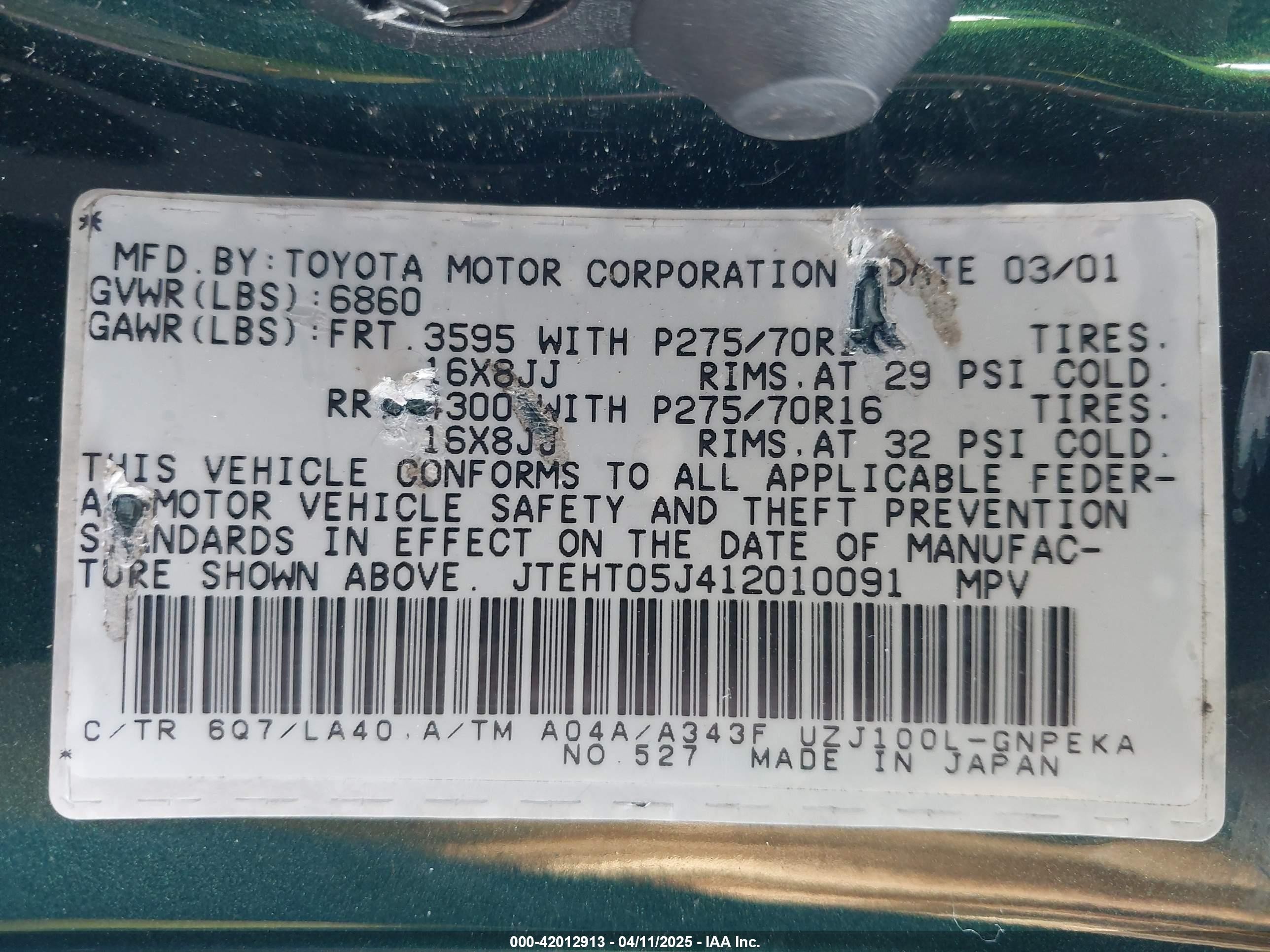 2001 Toyota Land Cruiser   Green vin: JTEHT05J412010091