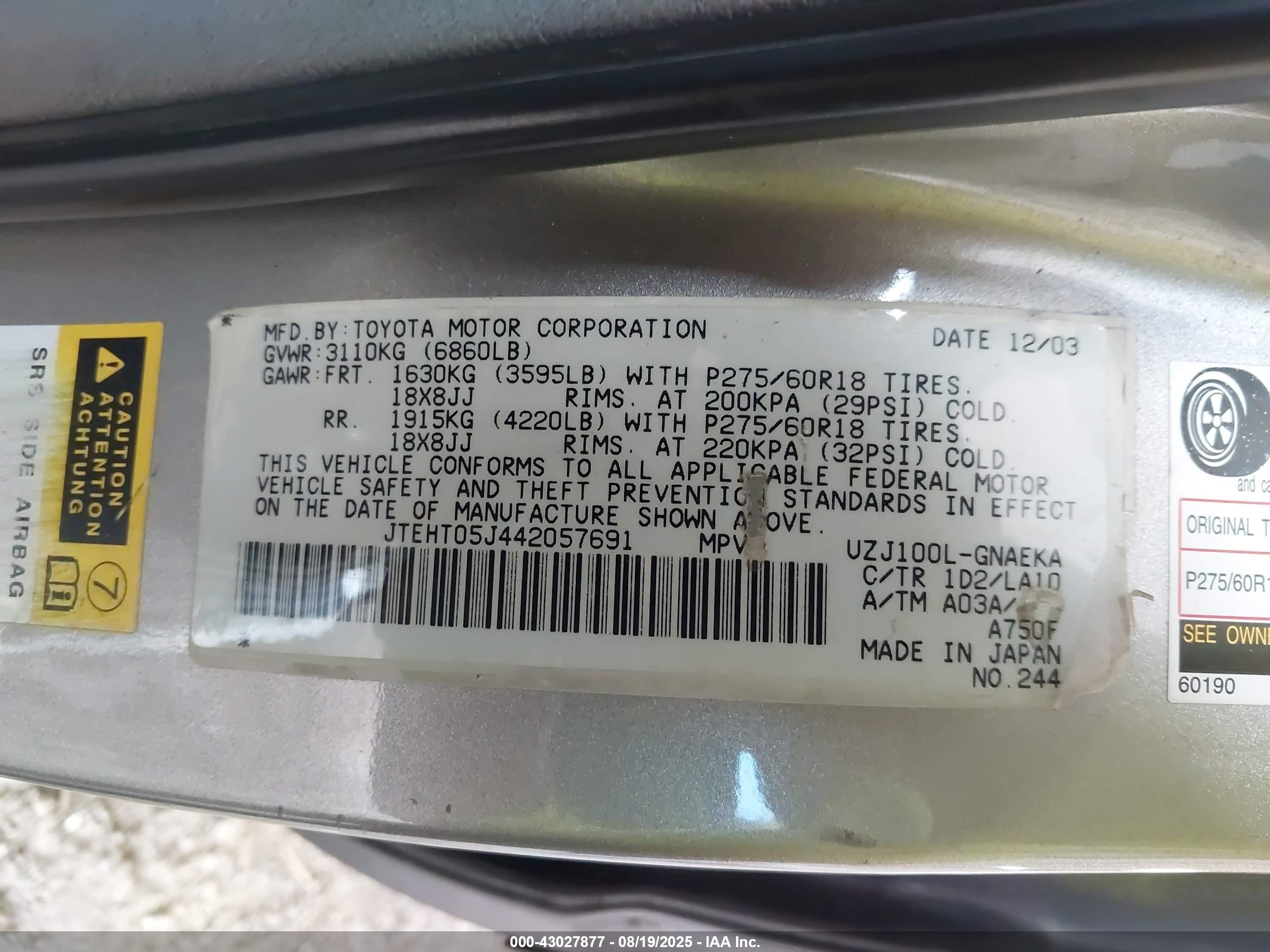 2004 Toyota Land Cruiser   Gray vin: JTEHT05J442057691