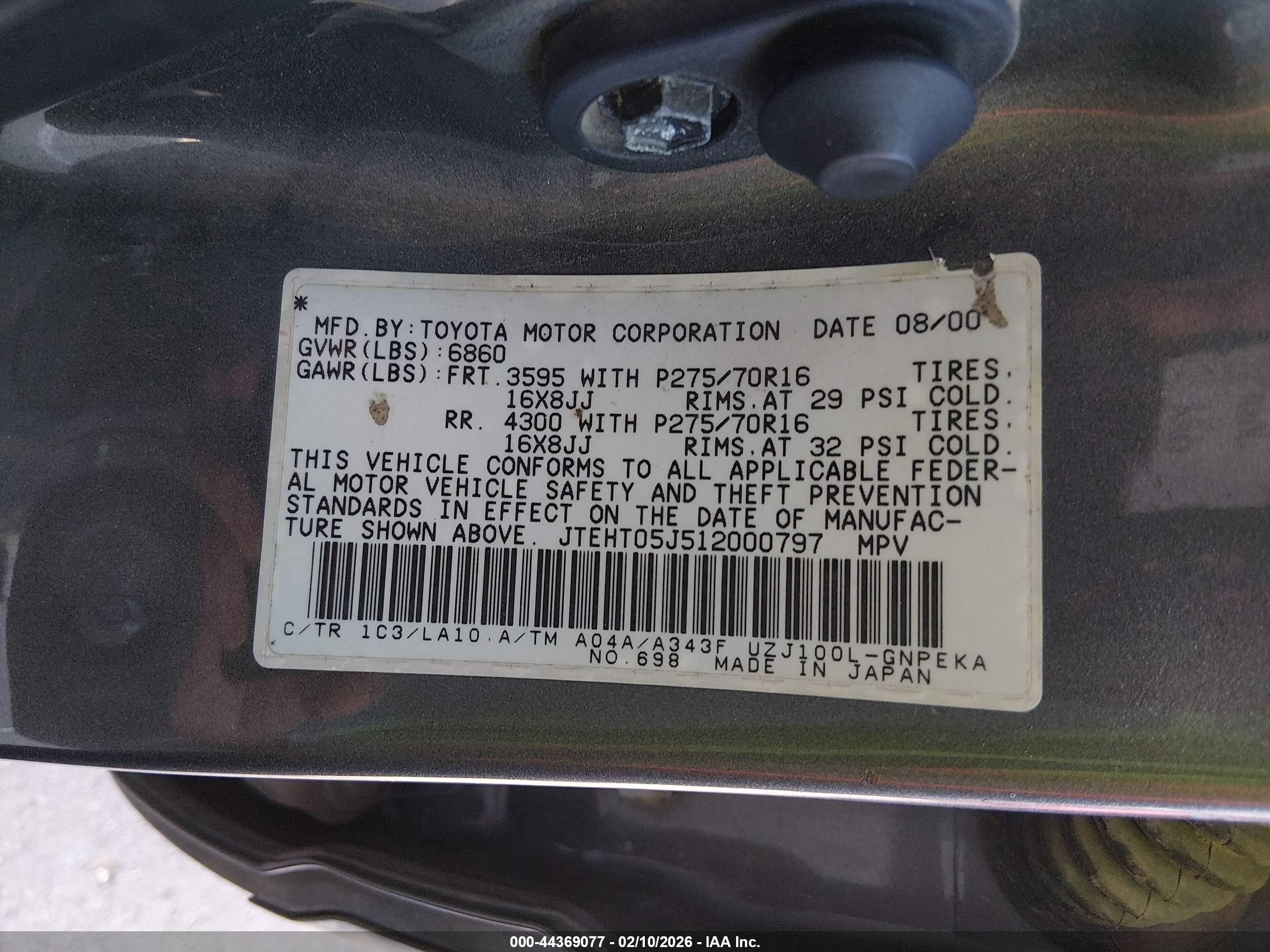2001 Toyota Land Cruiser   Gray vin: JTEHT05J512000797