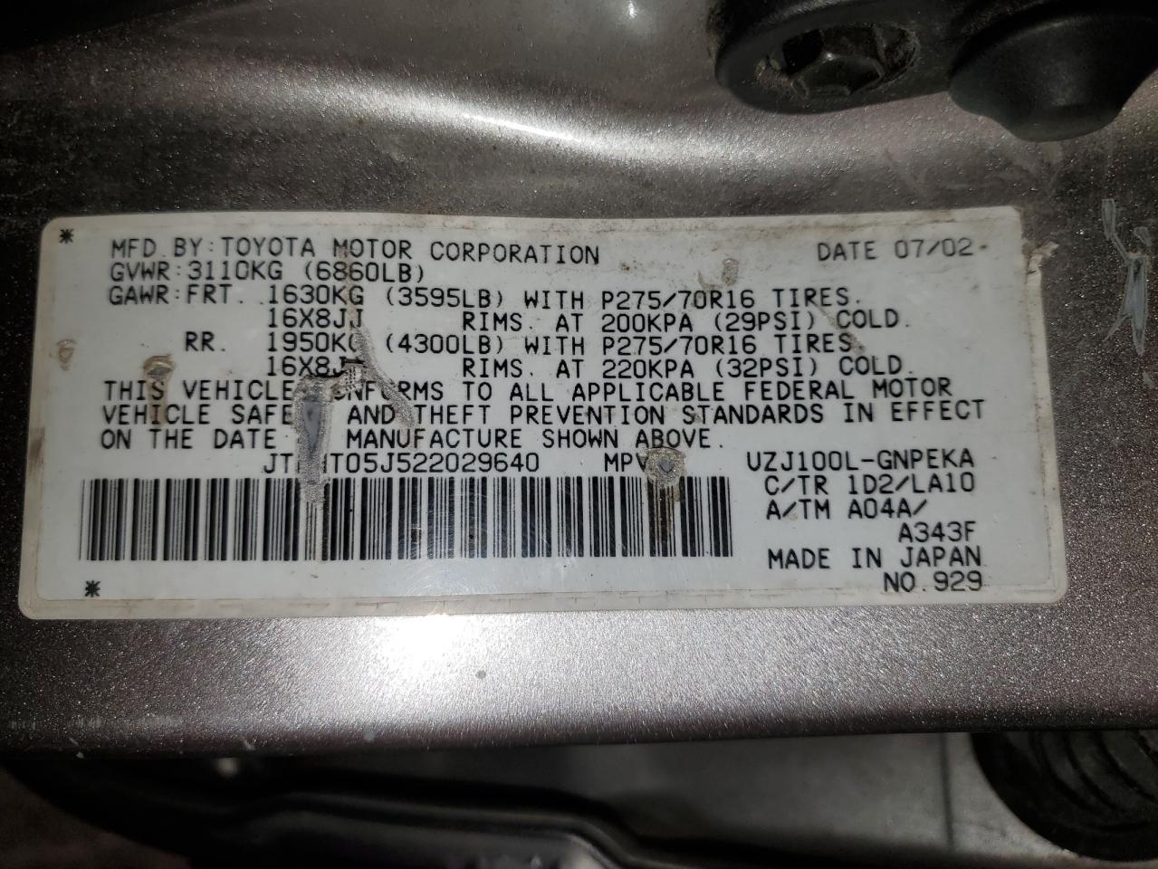 2002 Toyota Land Cruiser Silver vin: JTEHT05J522029640