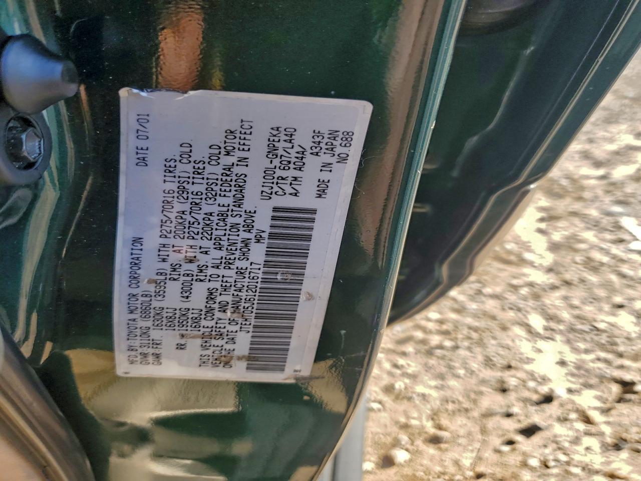 2001 Toyota Land Cruiser Green vin: JTEHT05J612016717