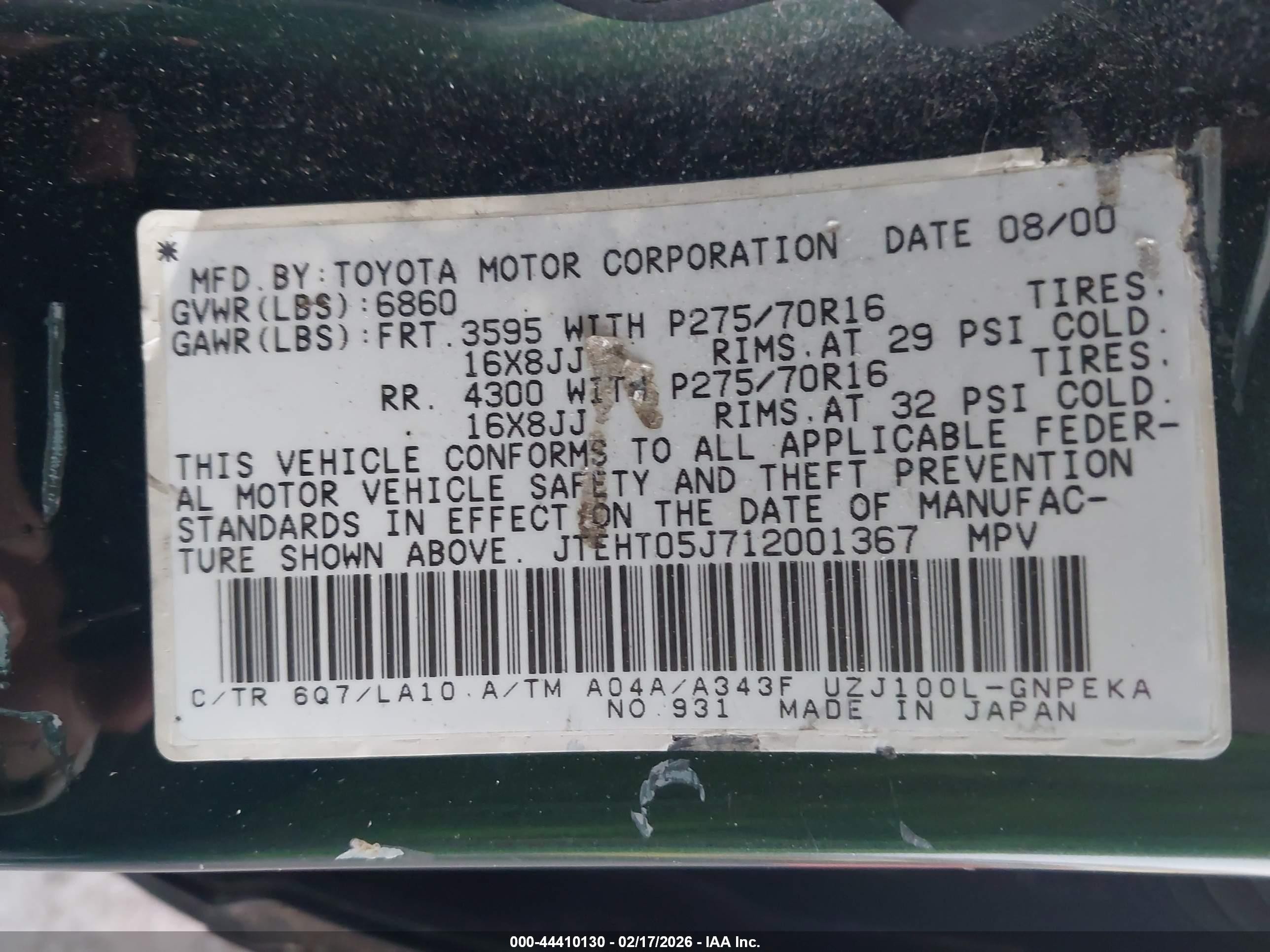 2001 Toyota Land Cruiser   Green vin: JTEHT05J712001367