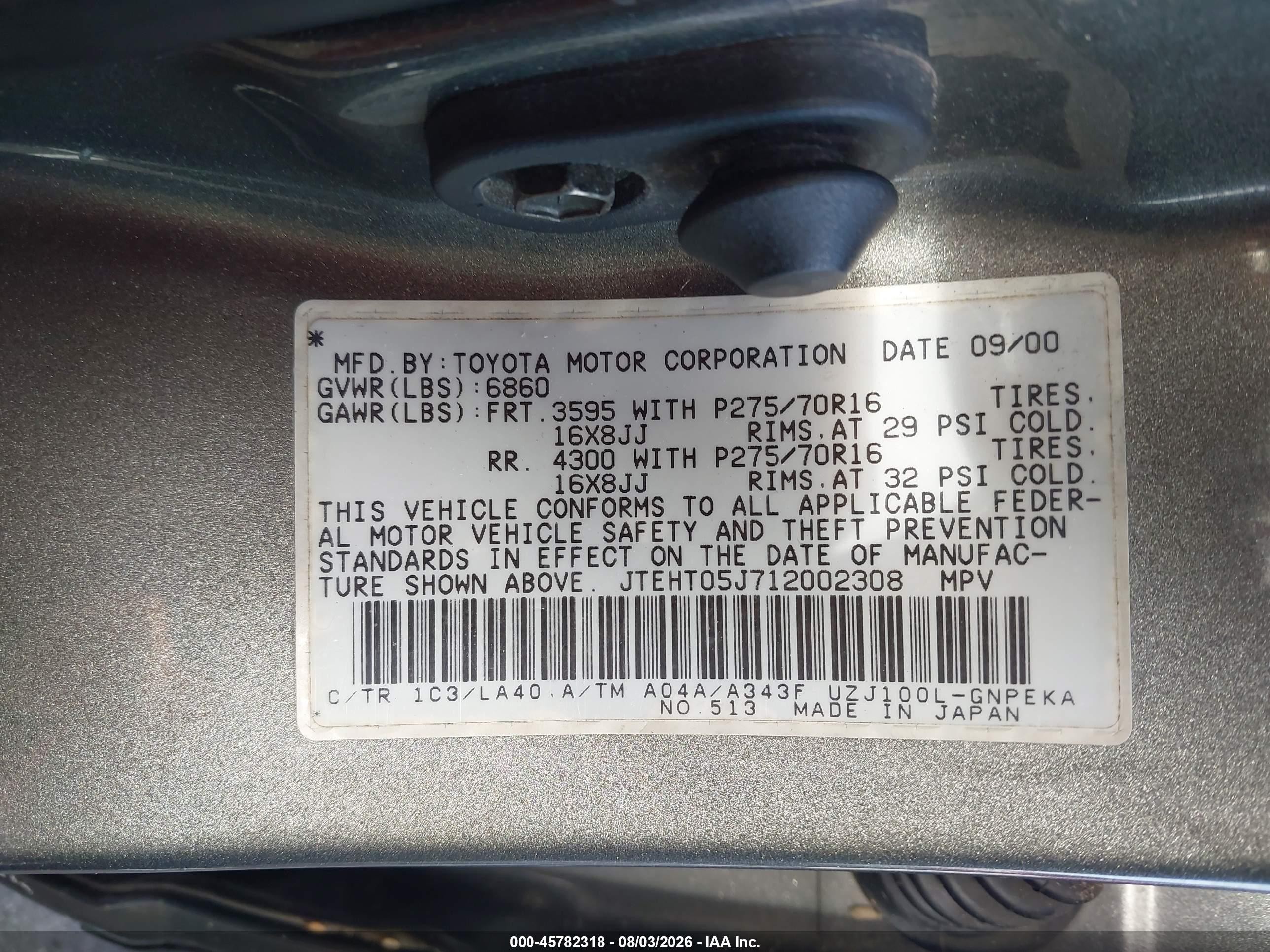 2001 Toyota Land Cruiser   Gray vin: JTEHT05J712002308