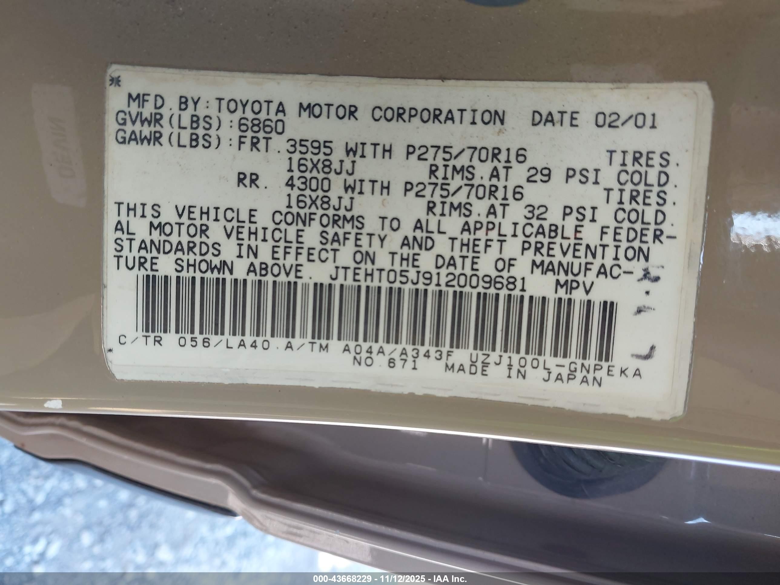 2001 Toyota Land Cruiser   Tan vin: JTEHT05J912009681