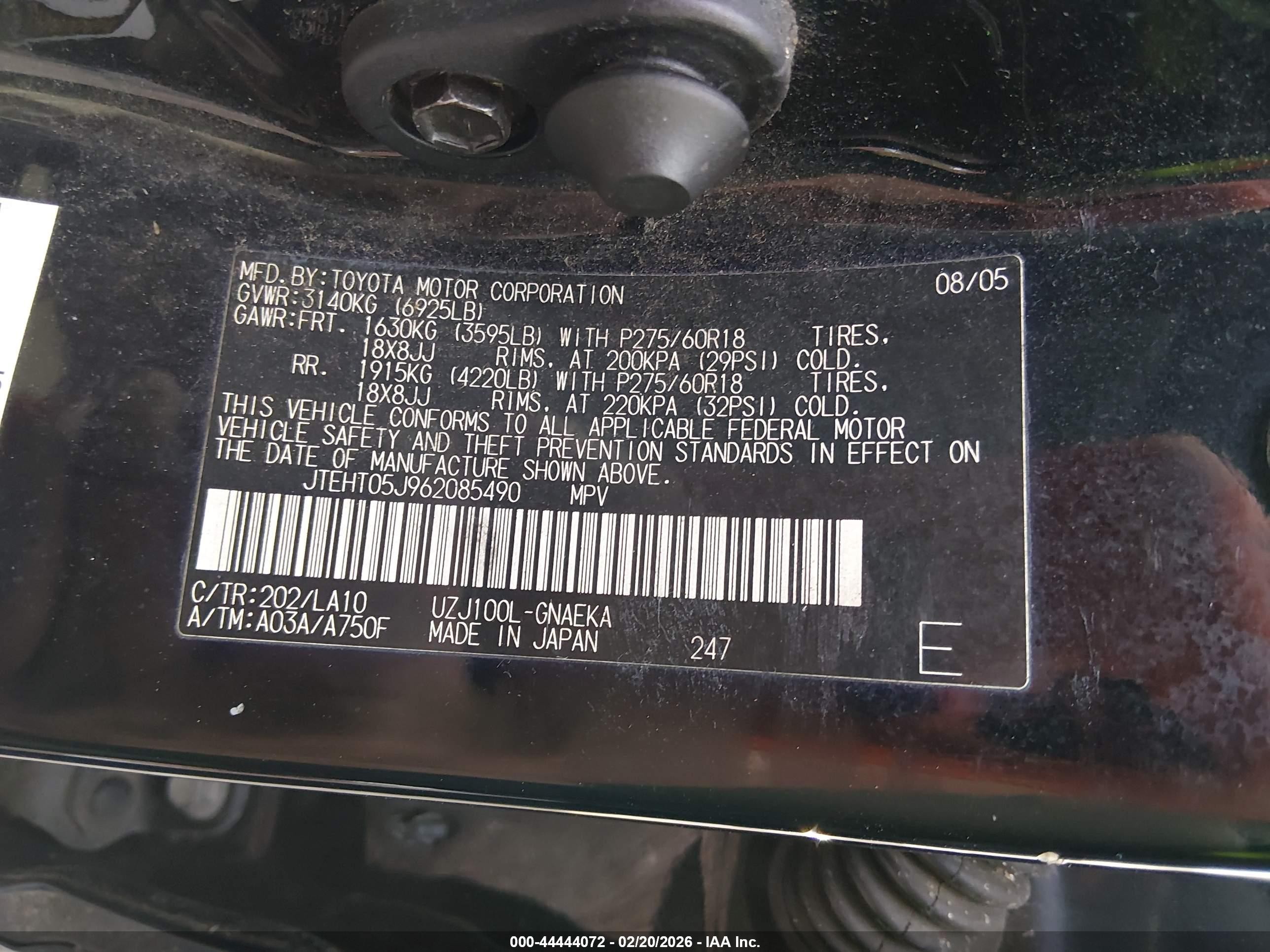 2006 Toyota Land Cruiser V8 Black vin: JTEHT05J962085490