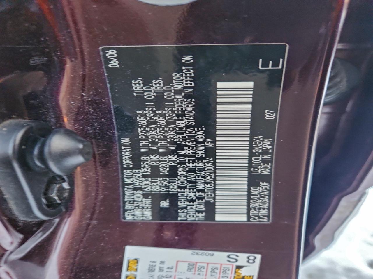 2006 Toyota Land Cruiser Темно-бордовый vin: JTEHT05J962100974