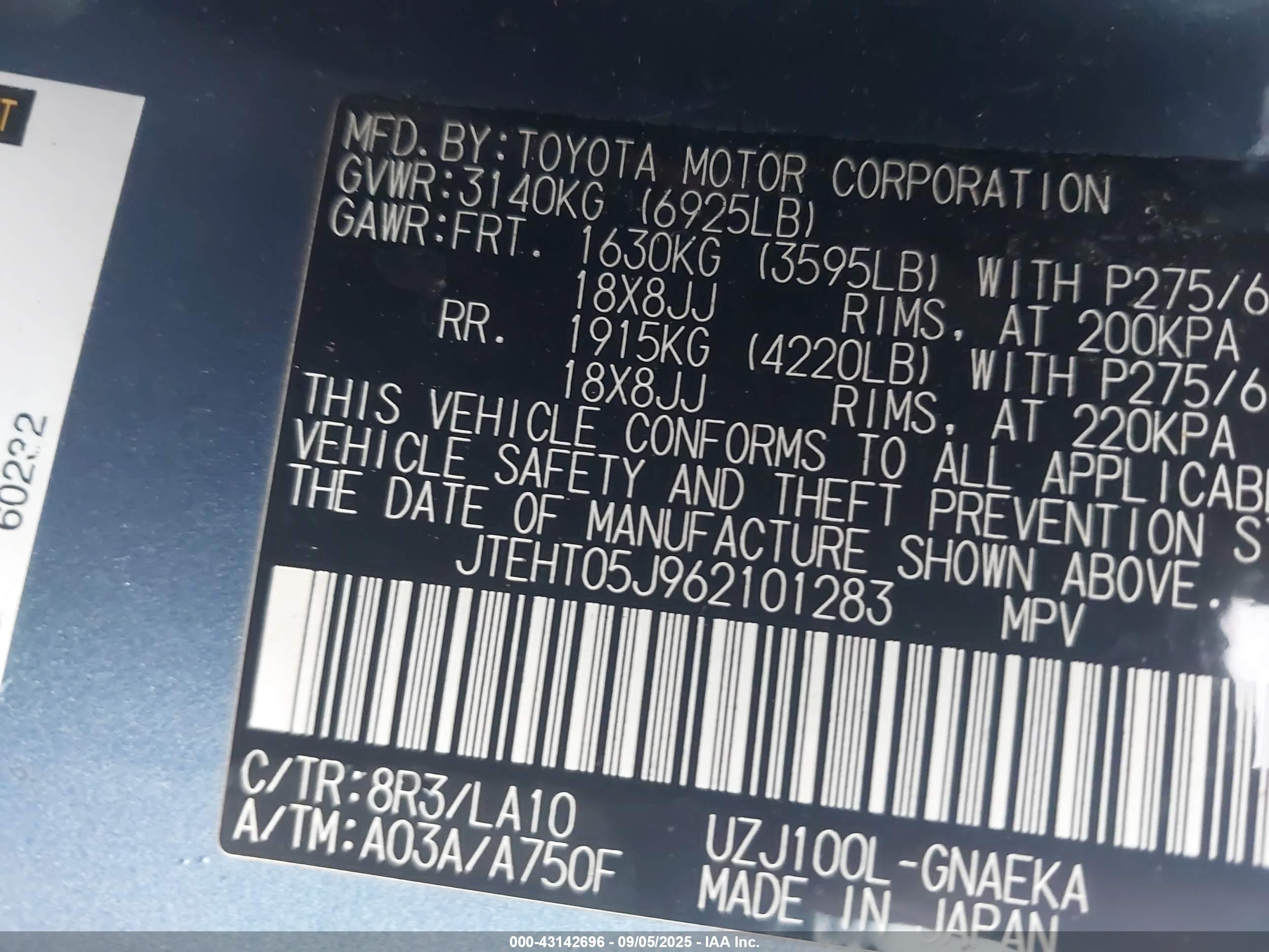 2006 Toyota Land Cruiser V8 Blue vin: JTEHT05J962101283