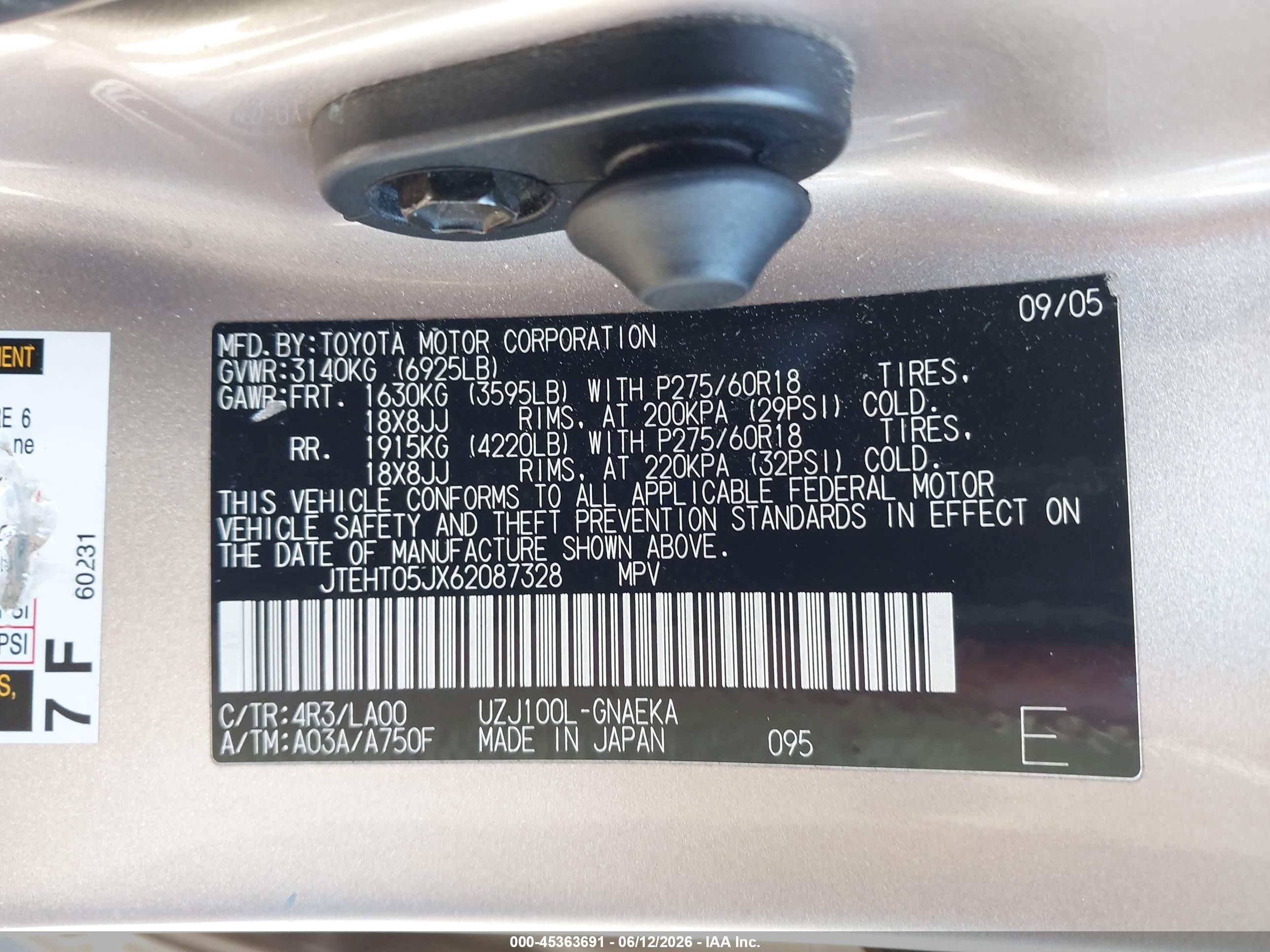 2006 Toyota Land Cruiser V8 Champagne vin: JTEHT05JX62087328