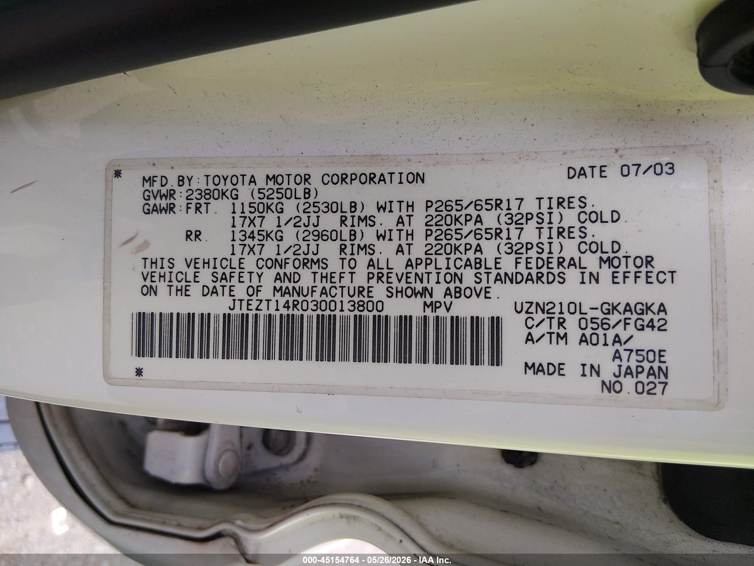 2003 Toyota 4runner Sr5 V8 Белый vin: JTEZT14R030013800