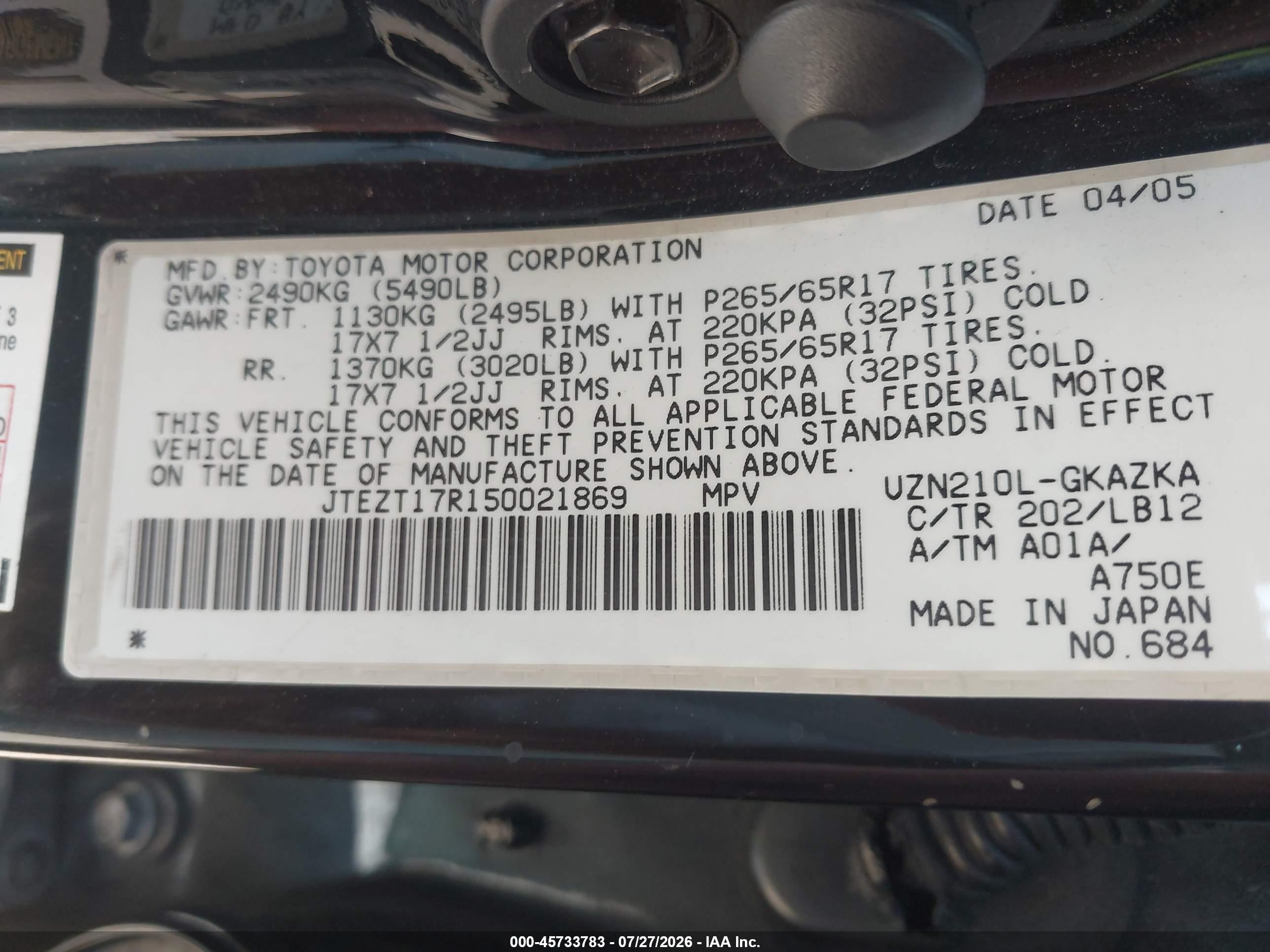 2005 Toyota 4runner Limited V8 Black vin: JTEZT17R150021869
