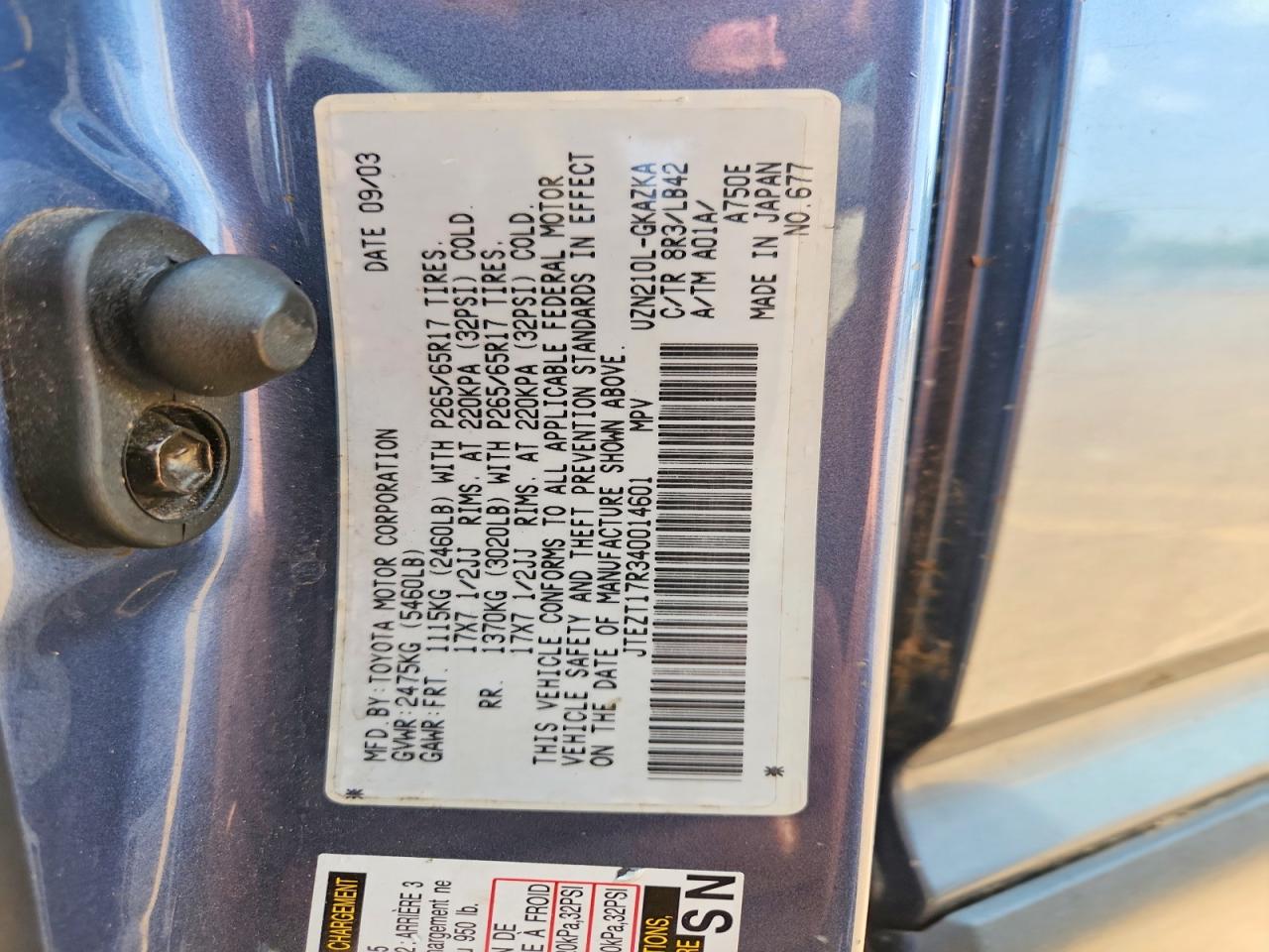 2004 Toyota 4runner Limited Blue vin: JTEZT17R340014601