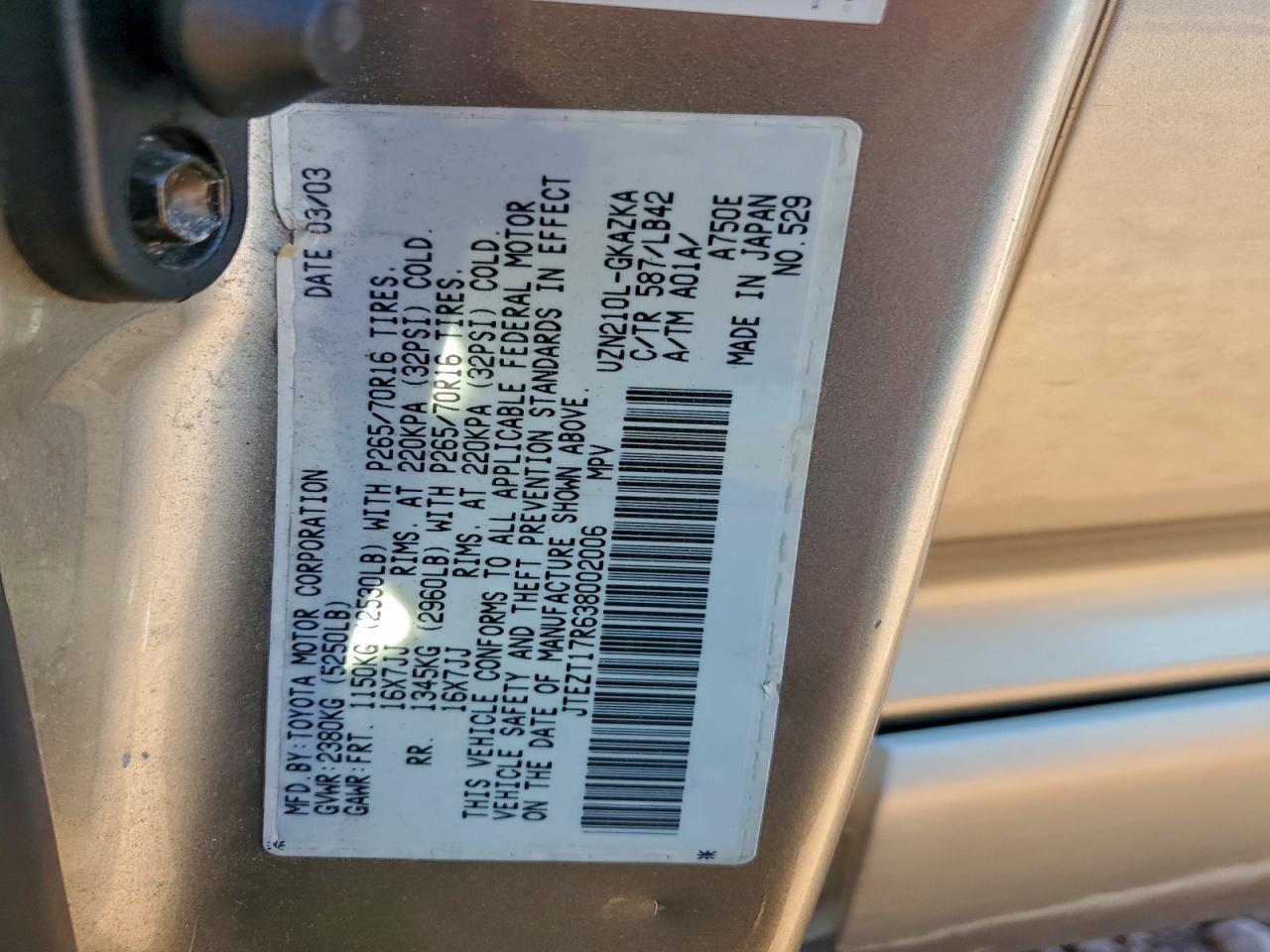 2003 Toyota 4runner Limited Silver vin: JTEZT17R638002006