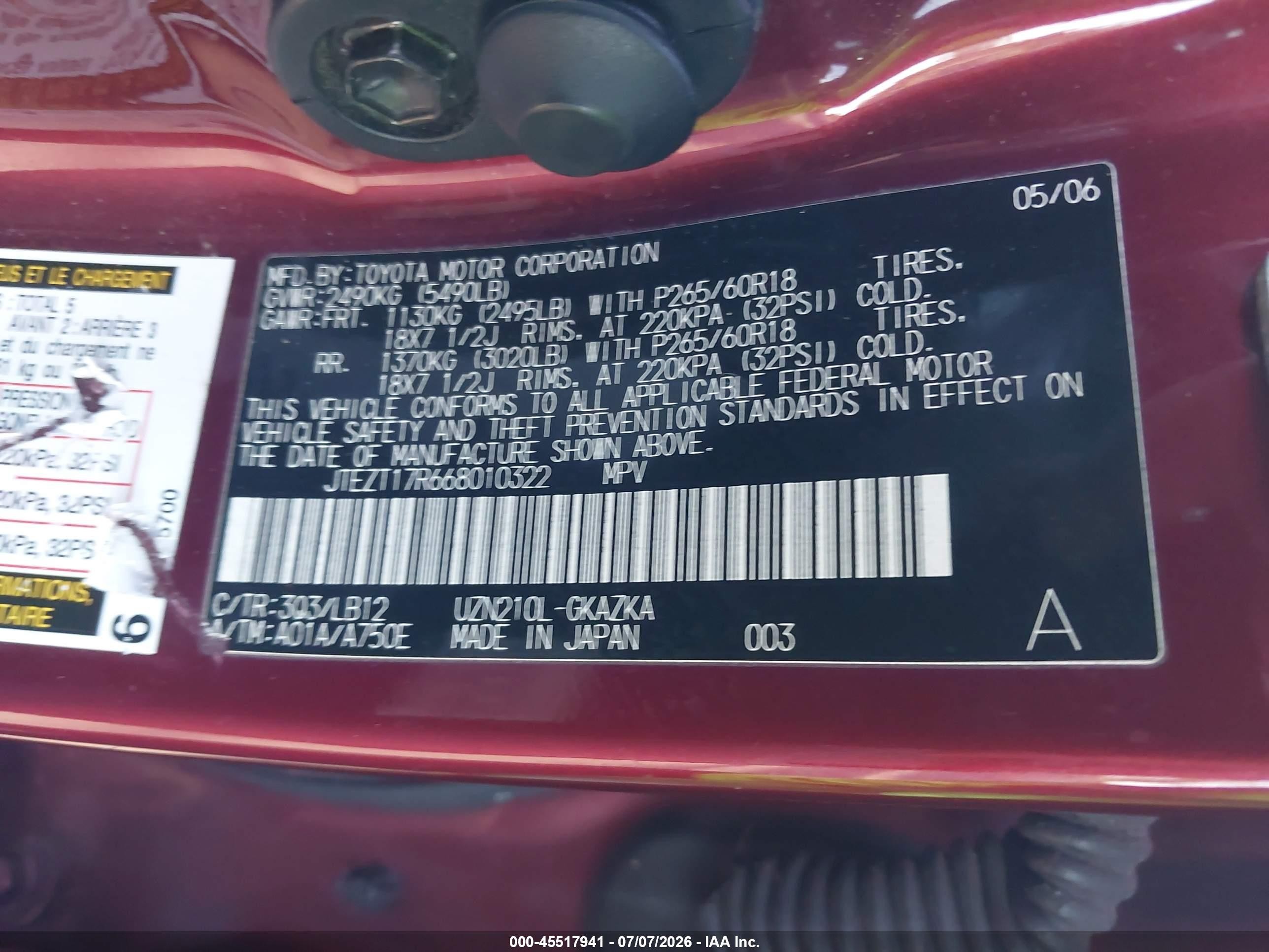 2006 Toyota 4runner Limited V8 Burgundy vin: JTEZT17R668010322