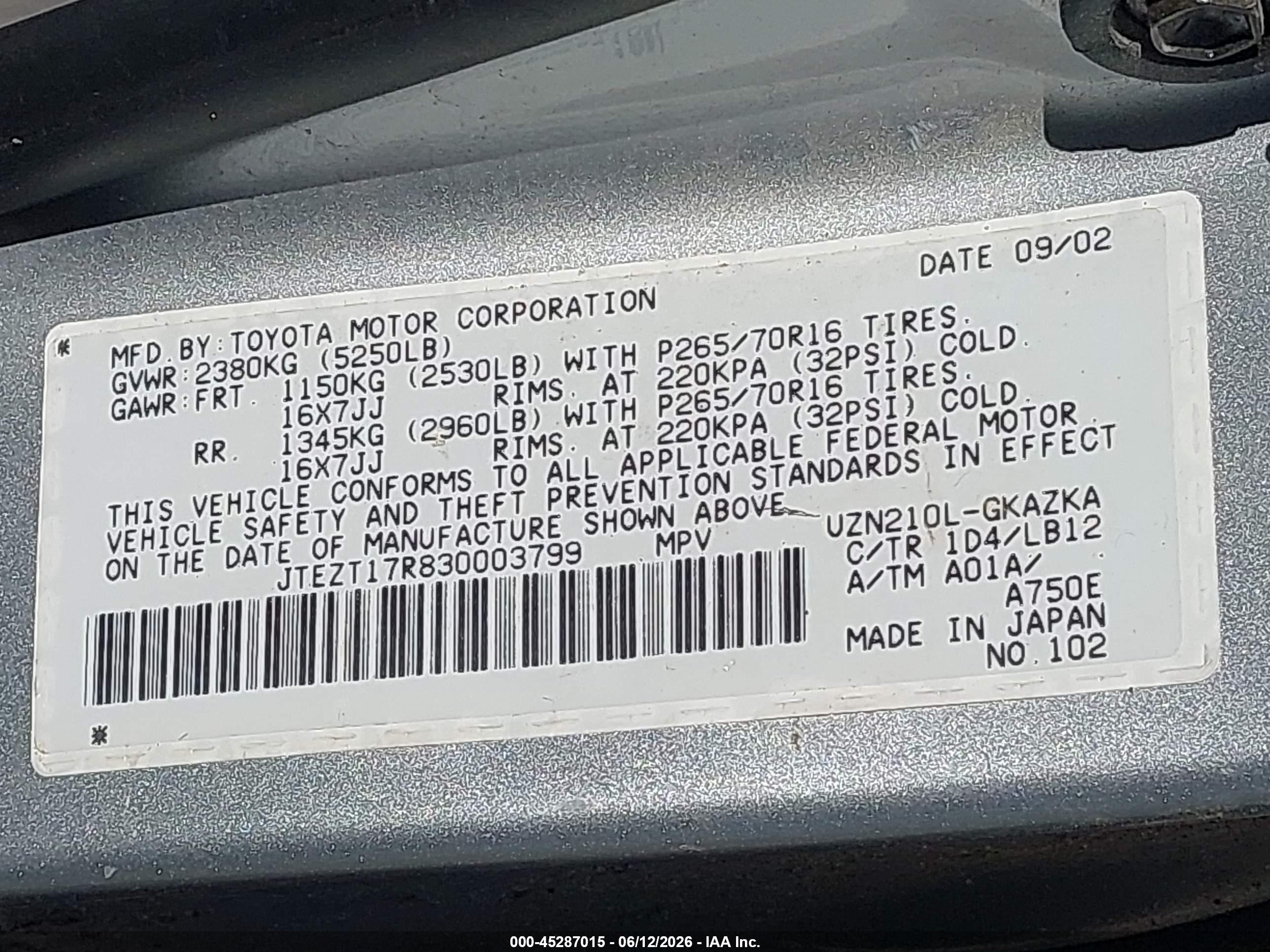 2003 Toyota 4runner Limited V8 Silver vin: JTEZT17R830003799