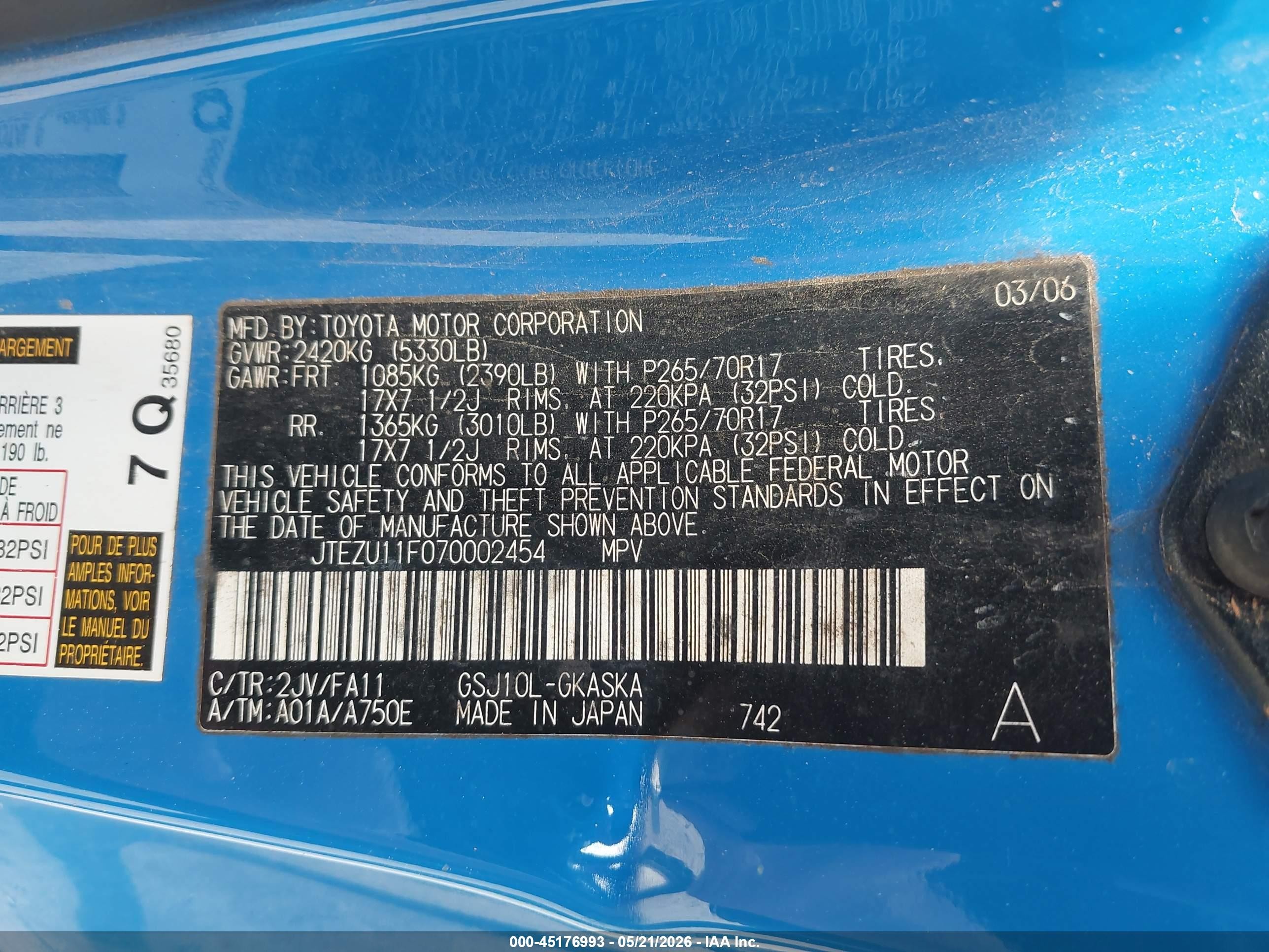 2007 Toyota Fj Cruiser   Blue vin: JTEZU11F070002454