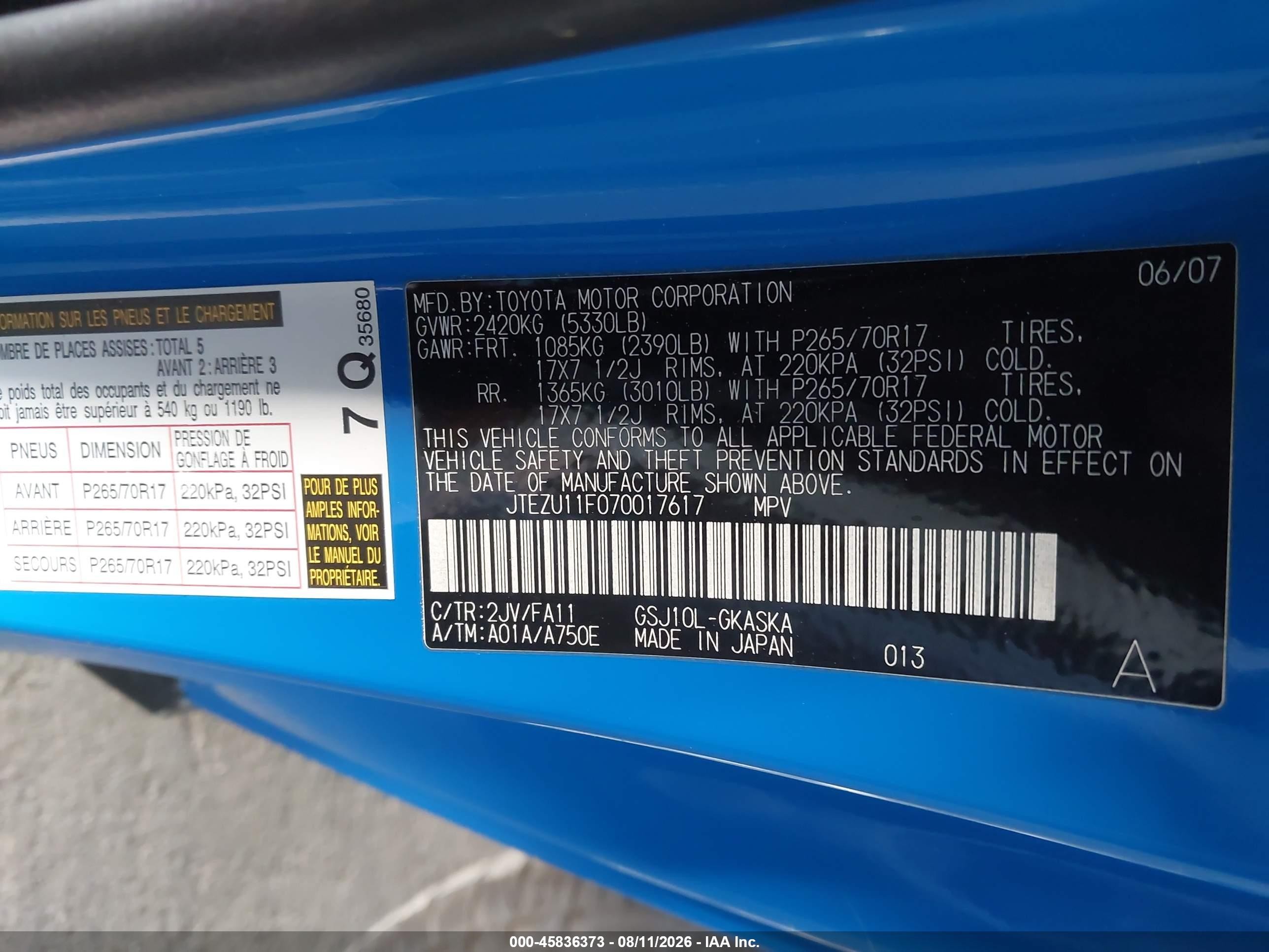 2007 Toyota Fj Cruiser   Blue vin: JTEZU11F070017617