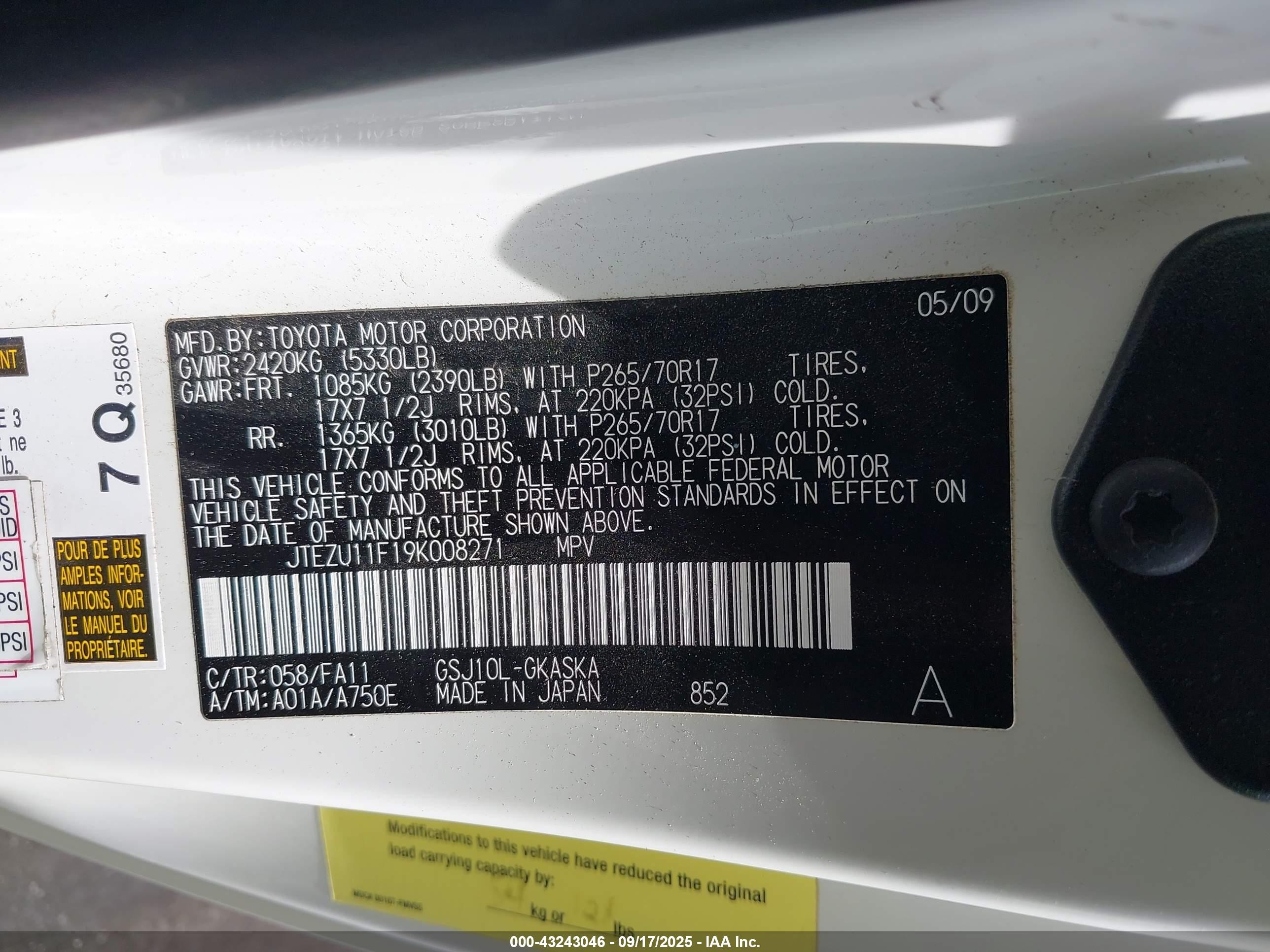 2009 Toyota Fj Cruiser   White vin: JTEZU11F19K008271