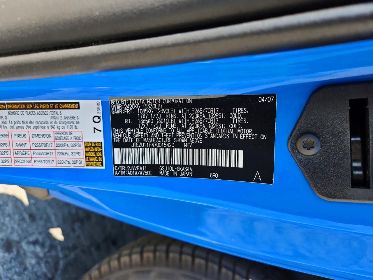 2007 Toyota Fj Cruiser Base Blue vin: JTEZU11F470015420