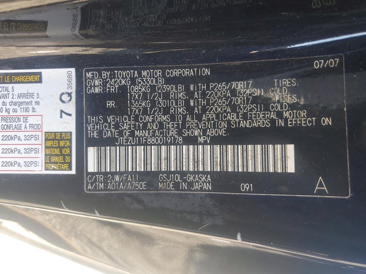 2008 Toyota Fj Cruiser Base Черный vin: JTEZU11F880019178