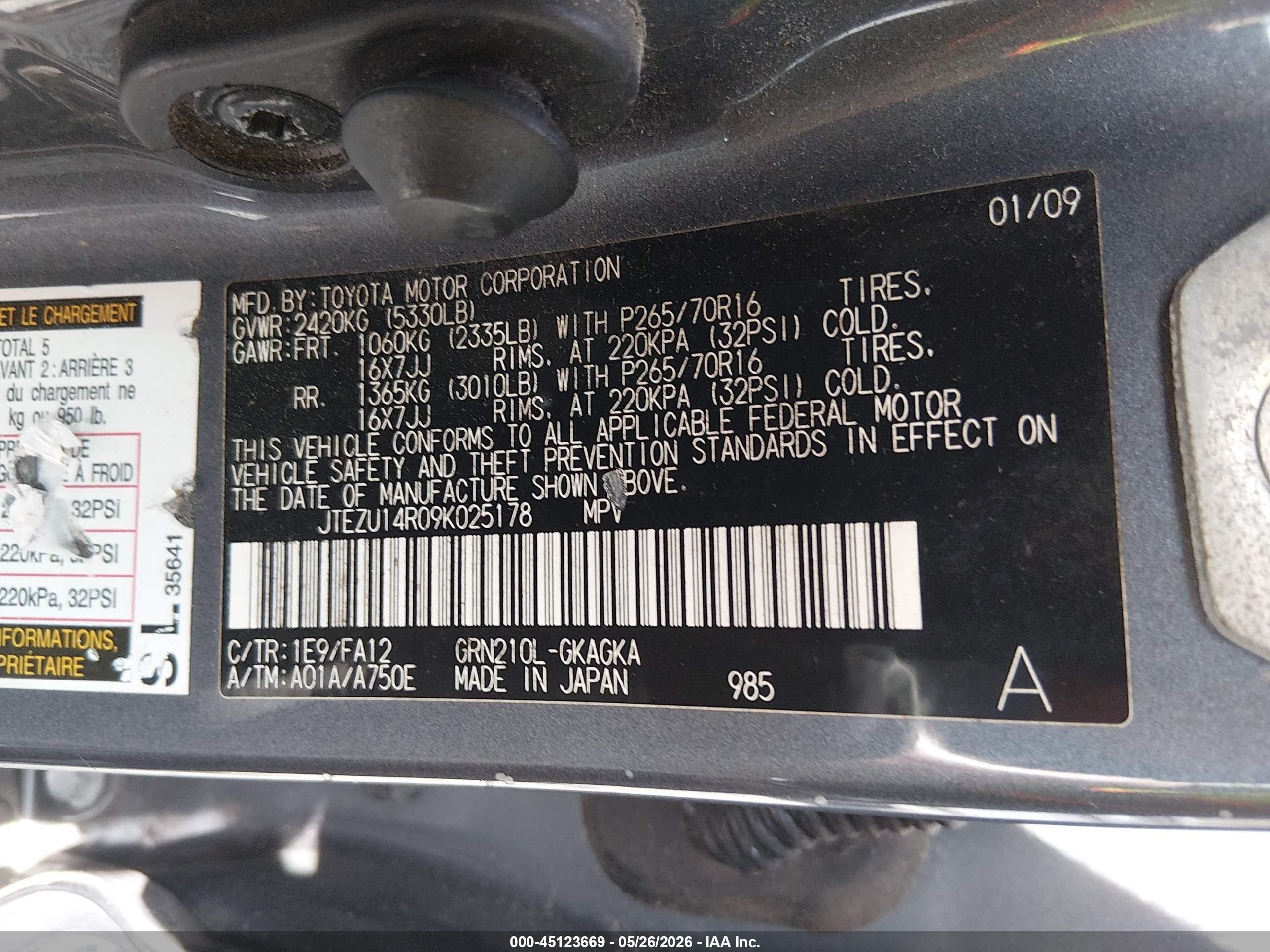 2009 Toyota 4runner Sr5 V6 Gray vin: JTEZU14R09K025178