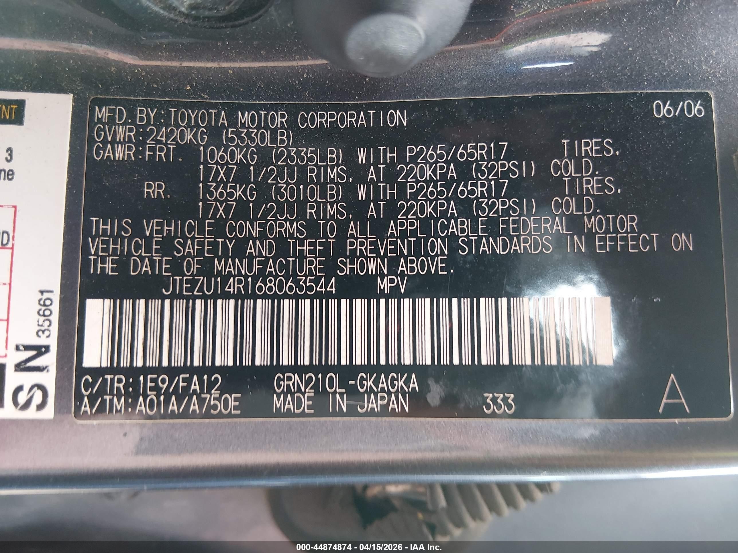 2006 Toyota 4runner Sr5 V6 Gray vin: JTEZU14R168063544